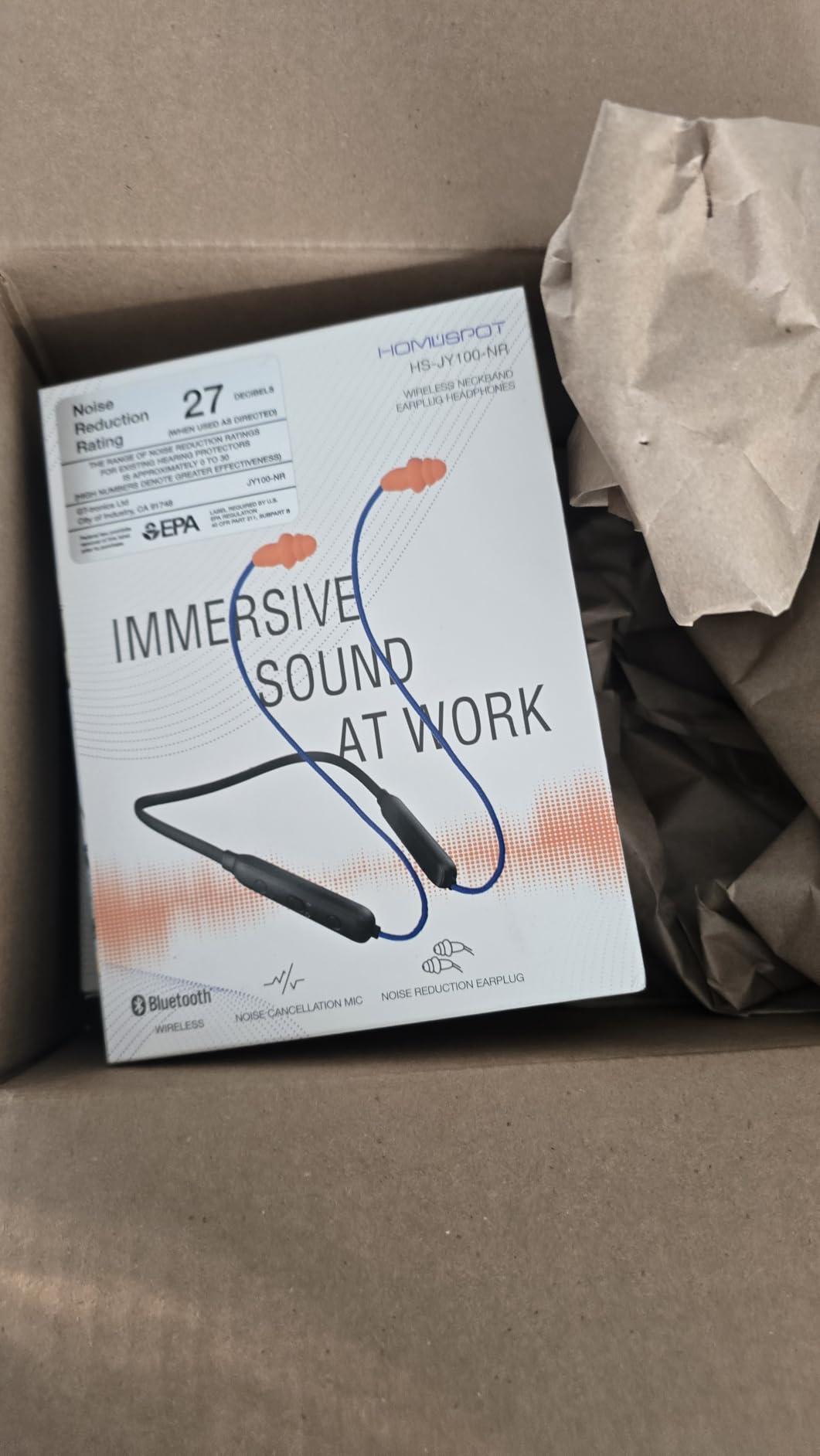 HomeSpot Noise Reduction Wireless Neckband Headphones with Qualcomm aptX HD, 27dB NRR, CVC Noise Cancelling Mic & Controls and 20H Playtime for Work Safety OSHA Compliant - Blue Wire Orange Earbuds - Customer Photo 2