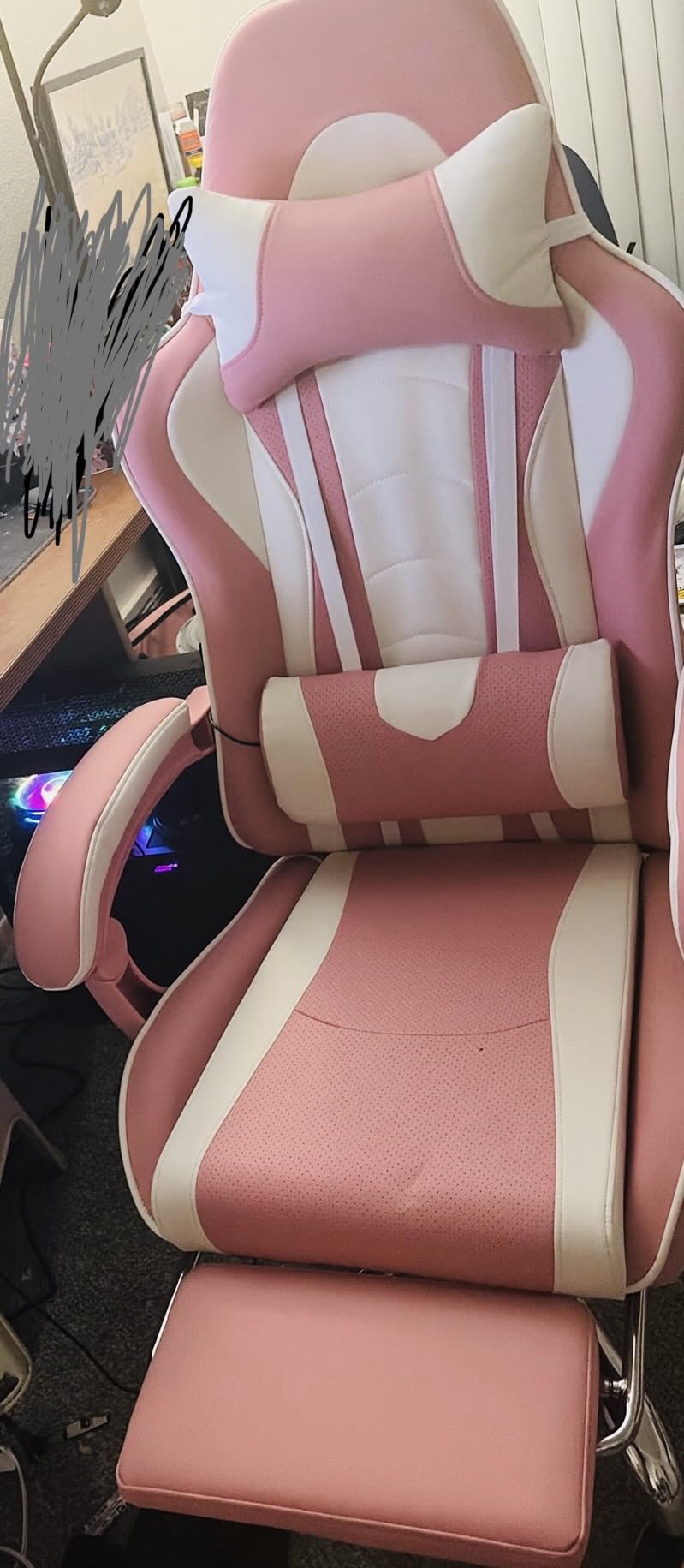 Yaheetech Gaming Chair, Video Game Chair with Massage Lumbar Support and Footrest Height Adjustable Ergonomic Computer Gaming Chair with Swivel Seat and Headrest, Black/White customer photo 2