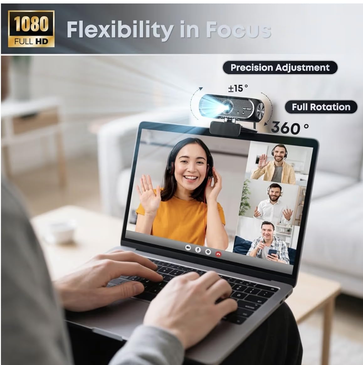 1080P HD Webcam with Microphone, Noise Cancellation, Privacy Cover, Wide-Angle Lens, Auto Light Correction, Plug & Play USB Webcam for Laptop, Desktop, PC, Mac, Zoom, Skype, Streaming (Black) customer photo 2