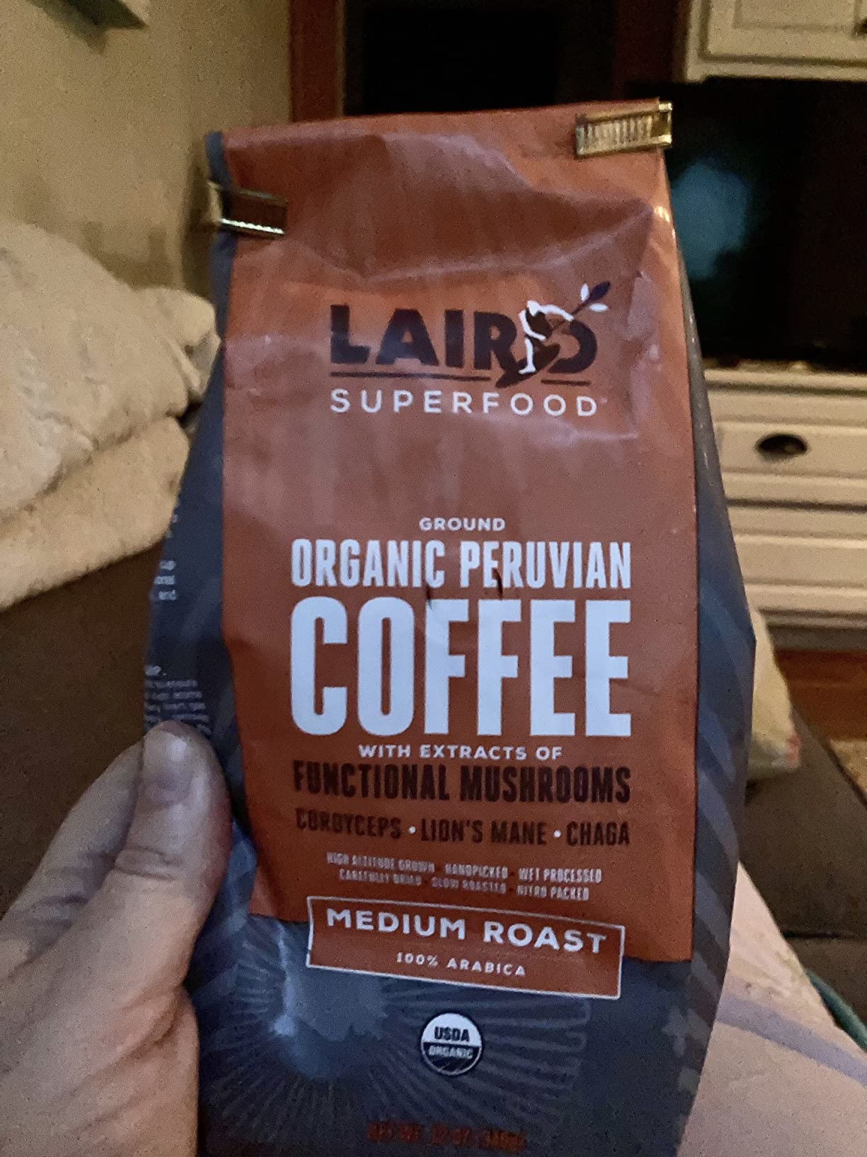 Laird Superfood Peruvian Medium Roast Coffee with Functional Mushrooms, Certified Organic Peruvian Ground Coffee Beans, Gluten-Free, Dairy-Free, Non-GMO, Paleo, Keto Friendly, 12 oz. Bag customer photo 1