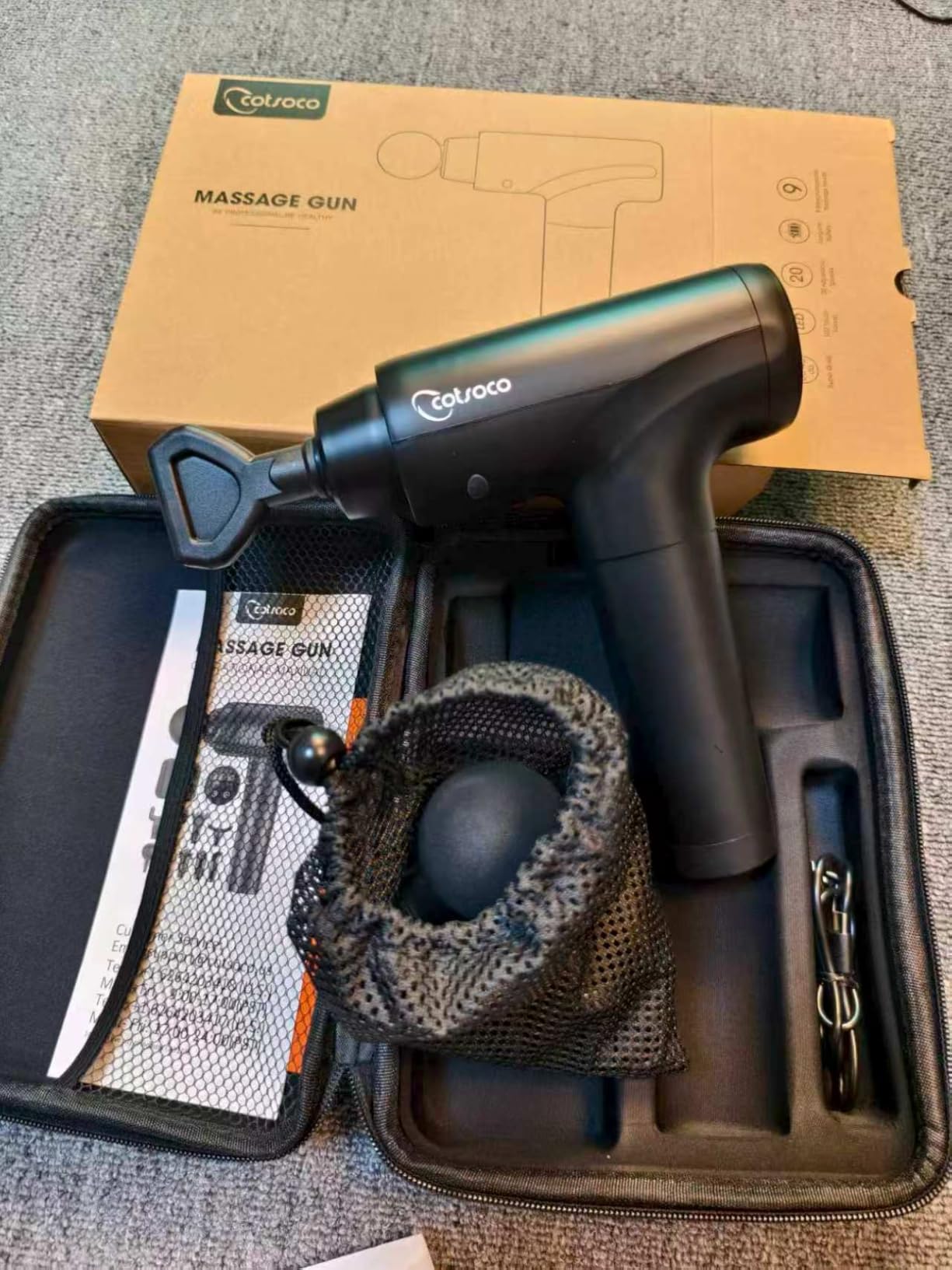 cotsoco Massage Gun Deep Tissue, Muscle Massage Gun with 9 Attachment Heads 20 Speeds & Silent Brushless Motor for Pain Relief, Handheld Percussion Back Massager Gun, Fathers Day Dad Gifts(Black) customer photo 1