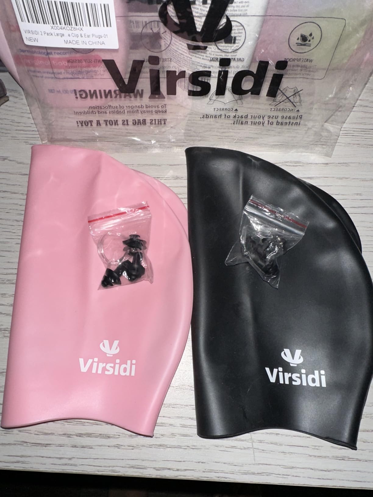 2 Pack Large Swim Caps for Long Hair, Silicone Swimming Cap for Adult Women Men, Waterproof Swim Hats Bathing Caps to Keep Hair Dry with Bonus Nose Clip and Earplugs customer photo 2