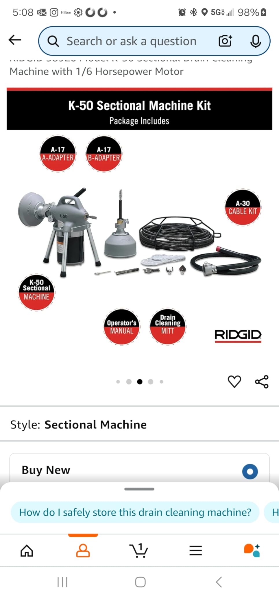 RIDGID 58920 Model K-50 Sectional Drain Cleaning Machine with 1/6 Horsepower Motor customer photo 2