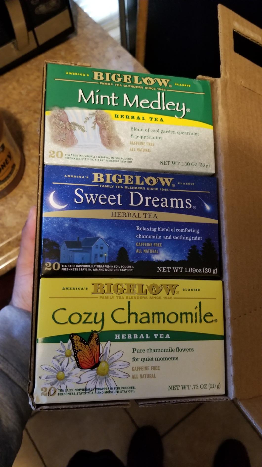 Bigelow Tea, Caffeine Free, 6 Flavor Herbal Tea Variety Pack, Pack of 6 | Decaf Tea with Mint Medley, Cozy Chamomile, Orange and Spice, Sweet Dreams, Perfect Peach, Lemon Ginger, 118 Total Tea Bags customer photo 2