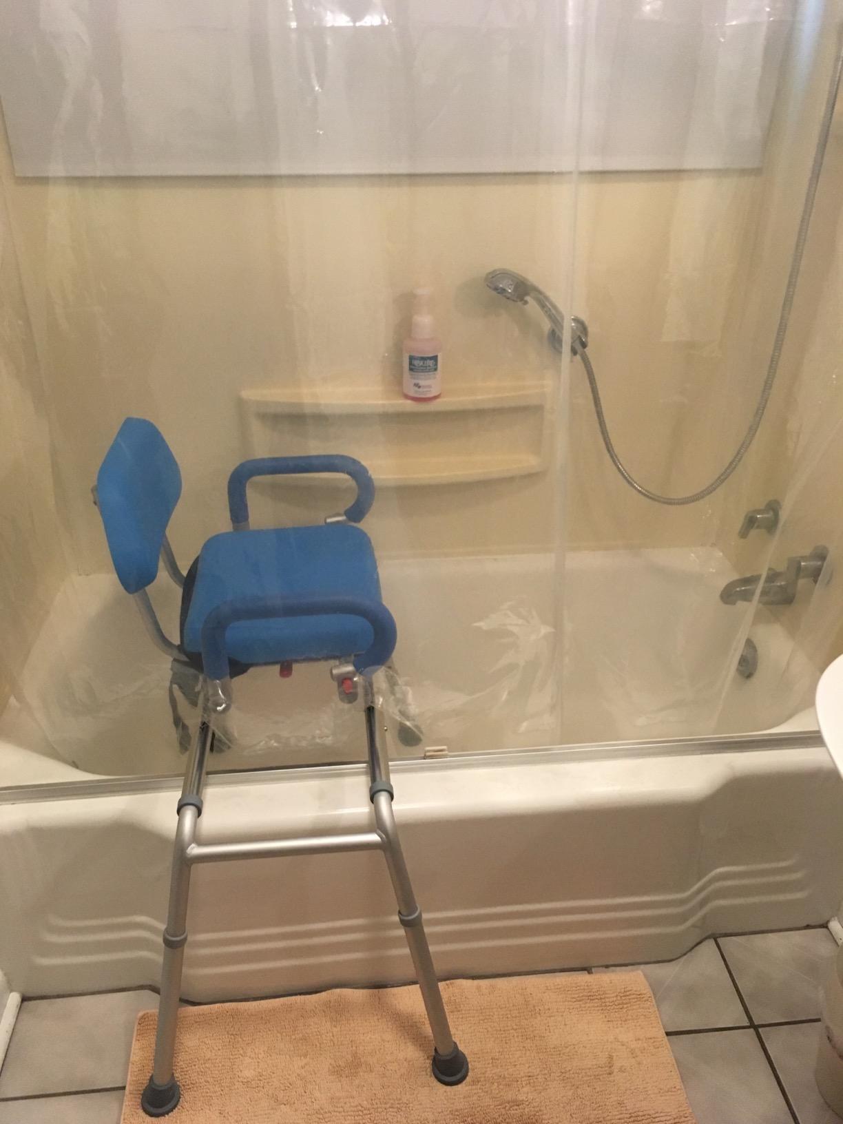 Platinum Health Carousel Sliding Shower Chair Tub Transfer Bench with Swivel Seat, Premium Padded, Pivoting Arms, Adjustable Space Saving Design for Tubs, Inside Shower, for Handicap & Seniors, Blue customer photo 1