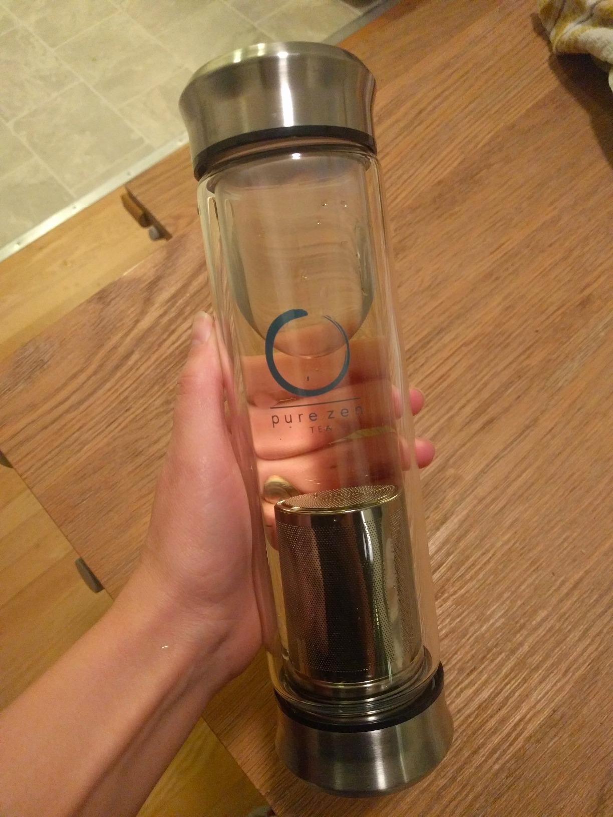 Pure Zen Tea Infuser Bottle, 13 oz, Tea Bottle with Infuser, Tea Gift Set | Double Wall Glass, Leakproof, for Hot and Cold Infusions, Tea Tumbler with Infuser, Portable Travel Sleeve, Tea Infuser Mug customer photo 1