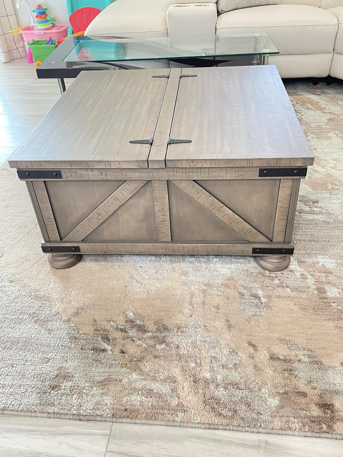 Signature Design by Ashley Lift Top Coffee Table with Storage, Farmhouse | Pine veneers, wood & engineered wood, Split-top spring lift, Hidden trunk storage, 36-in square footprint, Valebeck Series customer photo 2