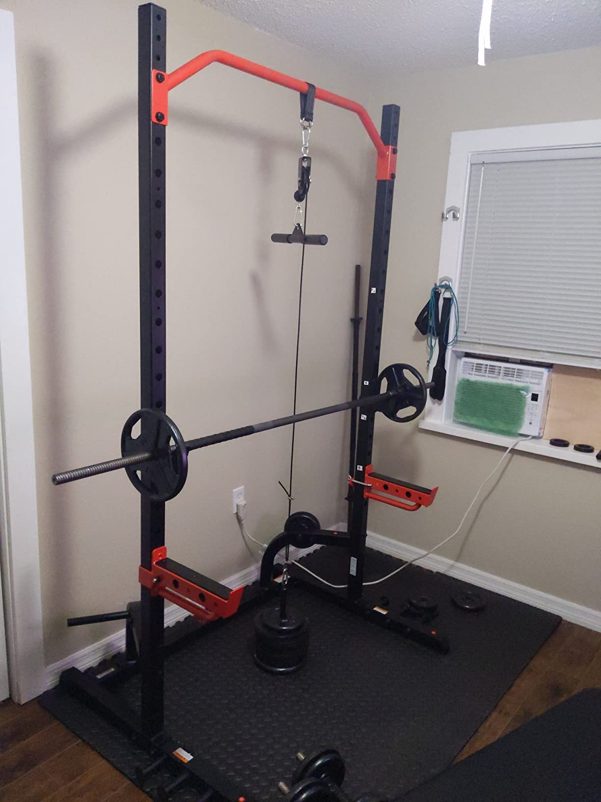 Sunny Health & Fitness Full Size Power Rack for Complete Strength Training | Full-Size Rack, Angled Pull-Up Bar, Squat & Bench Ready, 2 J-Hooks & Spotter Arms, 2