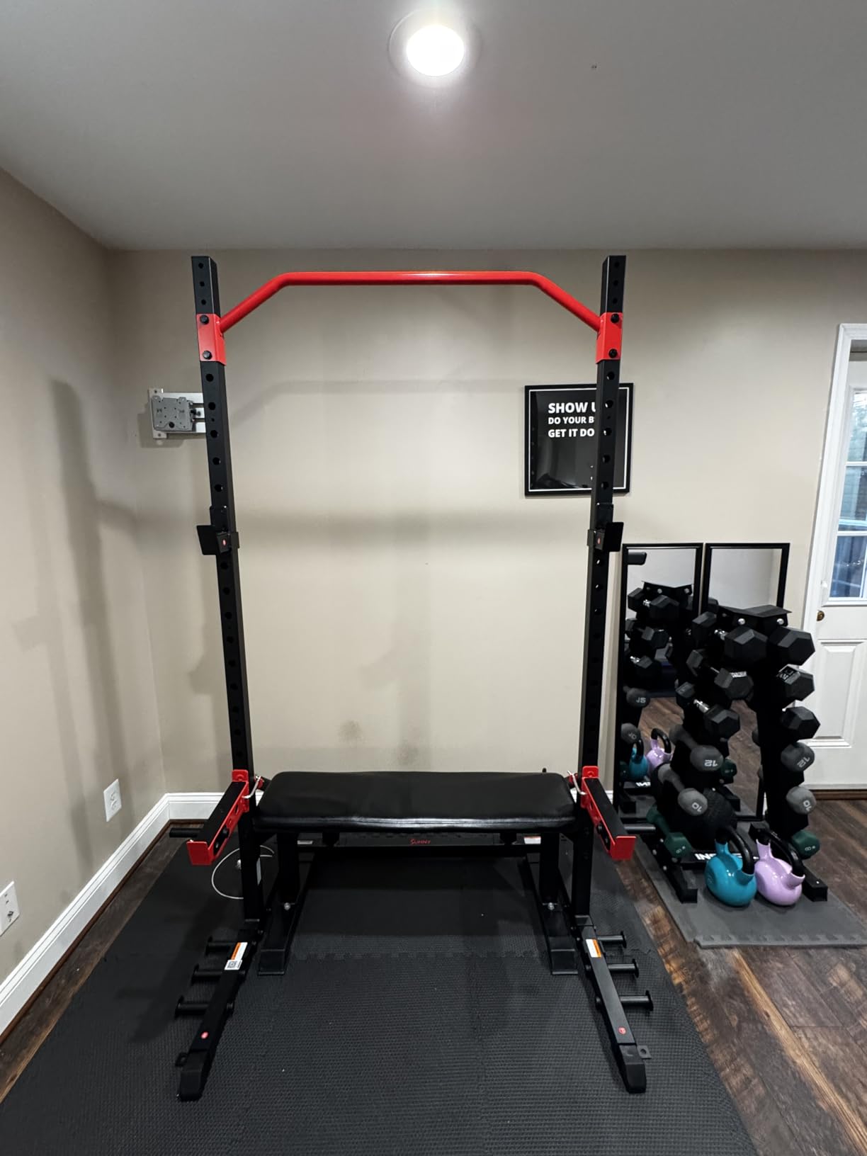 Sunny Health & Fitness Full Size Power Rack for Complete Strength Training | Full-Size Rack, Angled Pull-Up Bar, Squat & Bench Ready, 2 J-Hooks & Spotter Arms, 2