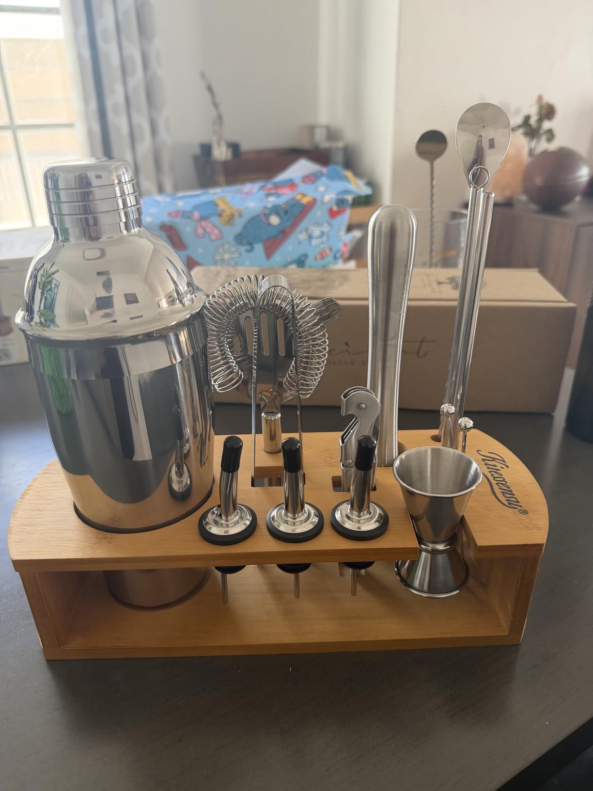 KITESSENSU Cocktail Shaker Set Bartender Kit with Stand | Bar Set Drink Mixer Set with All Essential Accessory Tools: Martini Shaker, Jigger, Strainer, Mixer Spoon, Muddler, Liquor Pourers |Silver customer photo 1