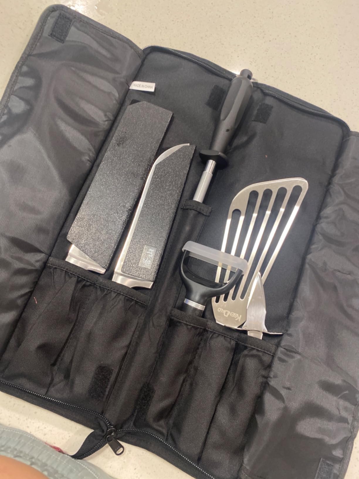 Asaya Chef Knife Roll Bag - 12-Pocket Chefs Case for Kitchen Knives and Utensils, Lightweight Stain-Resistant Waxed Nylon Chef Knife Bag - Knives Not Included (Black) customer photo 2