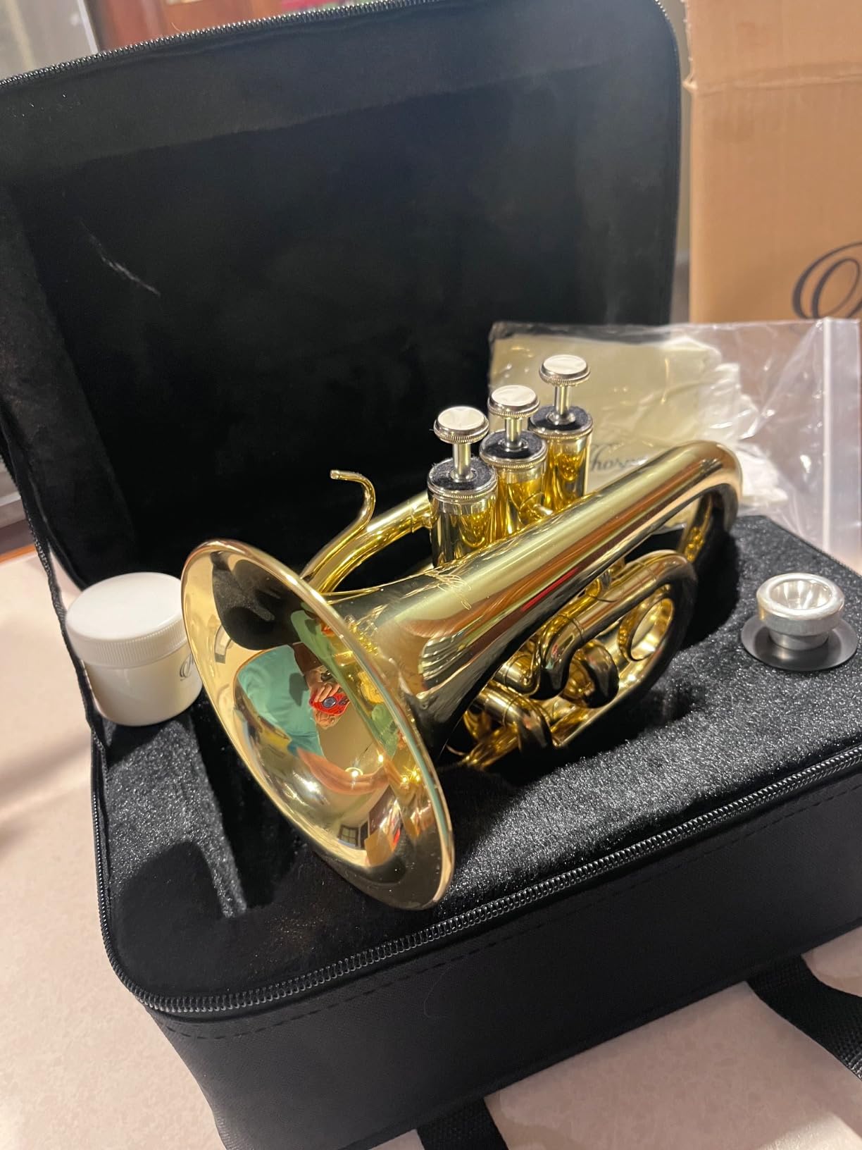 Ashthorpe Bb Brass Pocket Trumpet with Gold Lacquer Finish - Includes Case, Mouthpiece, Gloves, Cleaning Cloth, Valve Oil customer photo 1