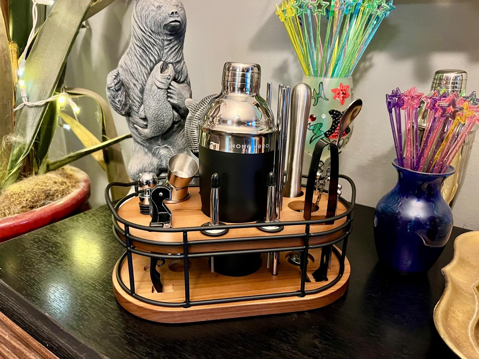 Home Hero Bartender Kit - 22-Piece Cocktail Shaker & Bar Tool Set - Wooden Stand Display & Bar Cart Accessories - Recipe Book & Housewarming Gifts - 22-Pc, Silver customer photo 1