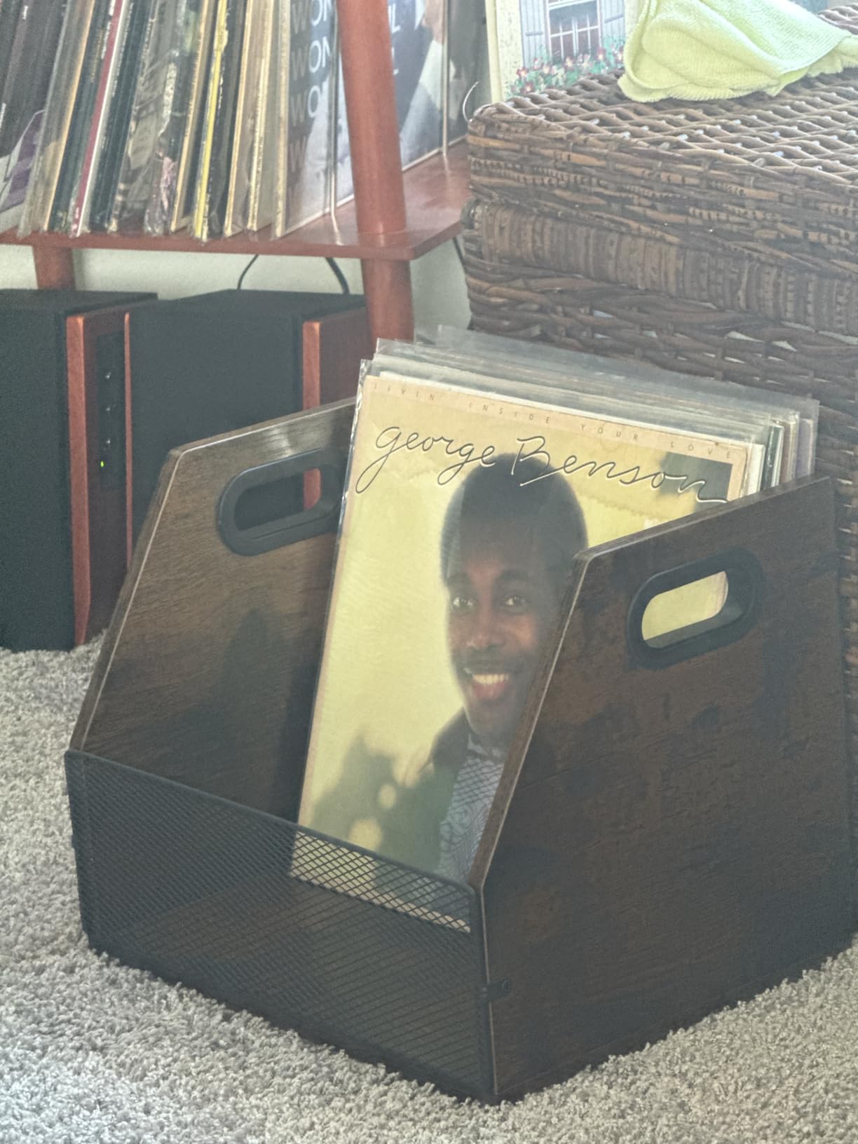 Homeiju Vinyl Record Storage, Record Box Case Crate, Vinyl Record Album Holder, Metal & Wooden LP Record Crate, Holds up to 60 Records customer photo 2