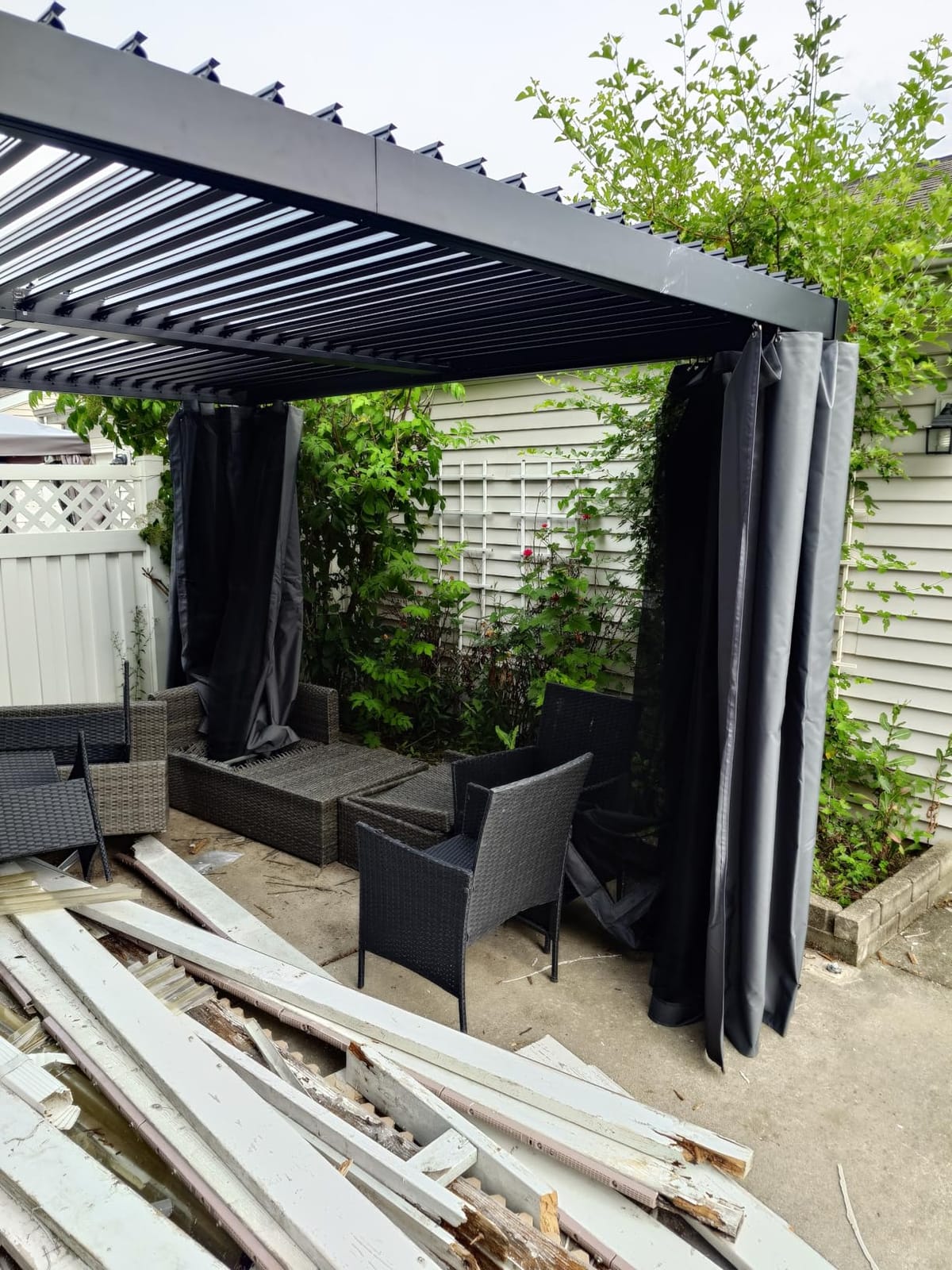 MELLCOM 10x20 Louvered Pergola Adjustable Roof w/Curtains & Mesh | Heavy-Duty Rustproof Frame, Hidden Drainage. Crank Roofs, Waterproof Curtains + Bug Mesh. Low-Maintenance, All-Weather customer photo 1