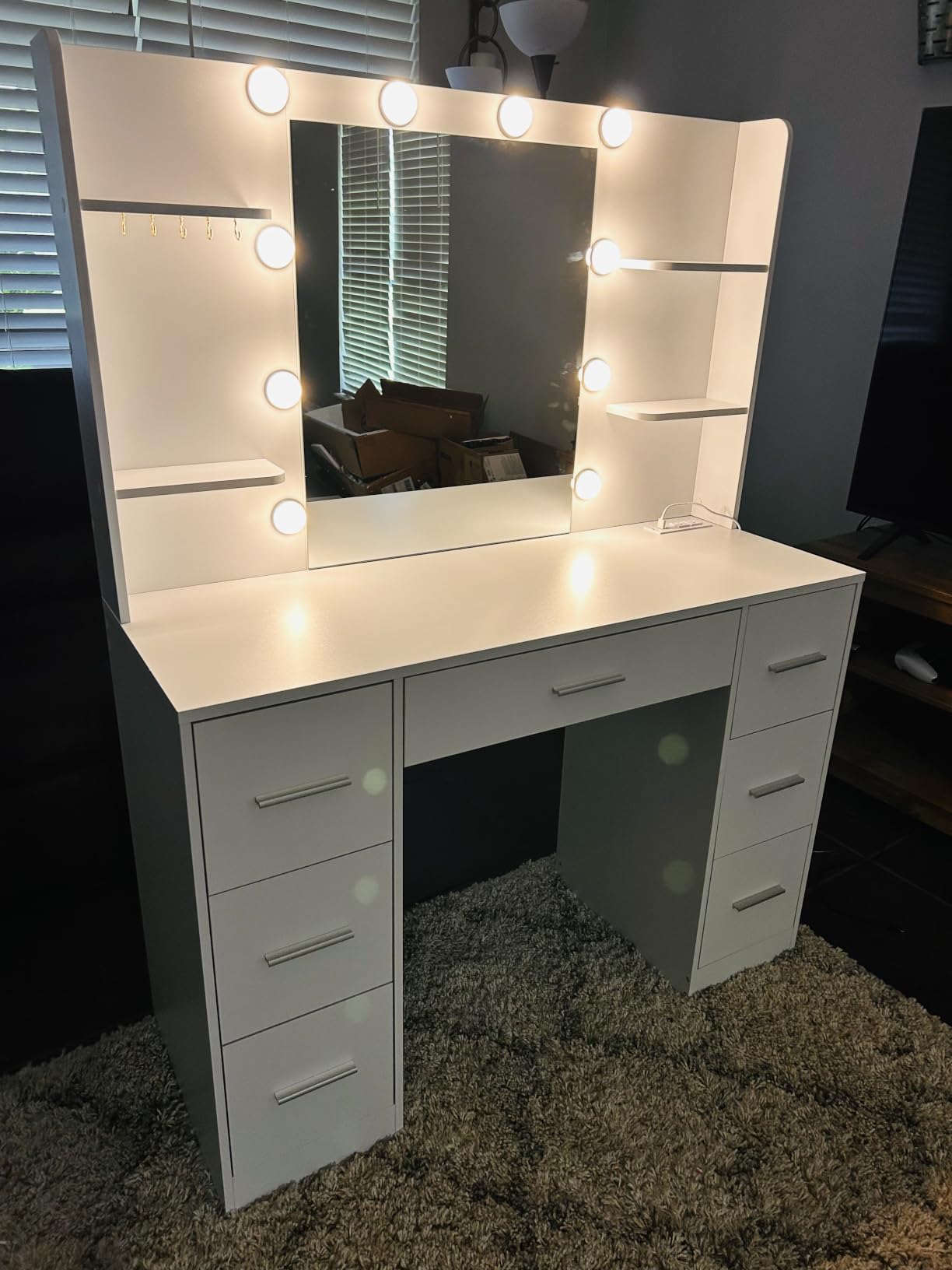 Quimoo Large Vanity Desk with LED Lighted Mirror & Power Outlet, Makeup Vanity Table with 7 Drawers, 4 Shelves and 5 Hooks, Vanity Table, Vanity Desk Set for Bedroom, Bathroom, White customer photo 1