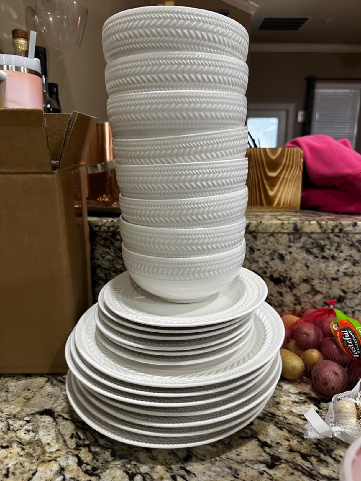 Pfaltzgraff Josephine 24-Piece Dinnerware Set, Porcelain Dish Set with Embossed Basket Weave Design, Service for 8, White Plates and Bowls Sets, Microwave and Dishwasher Safe customer photo 2