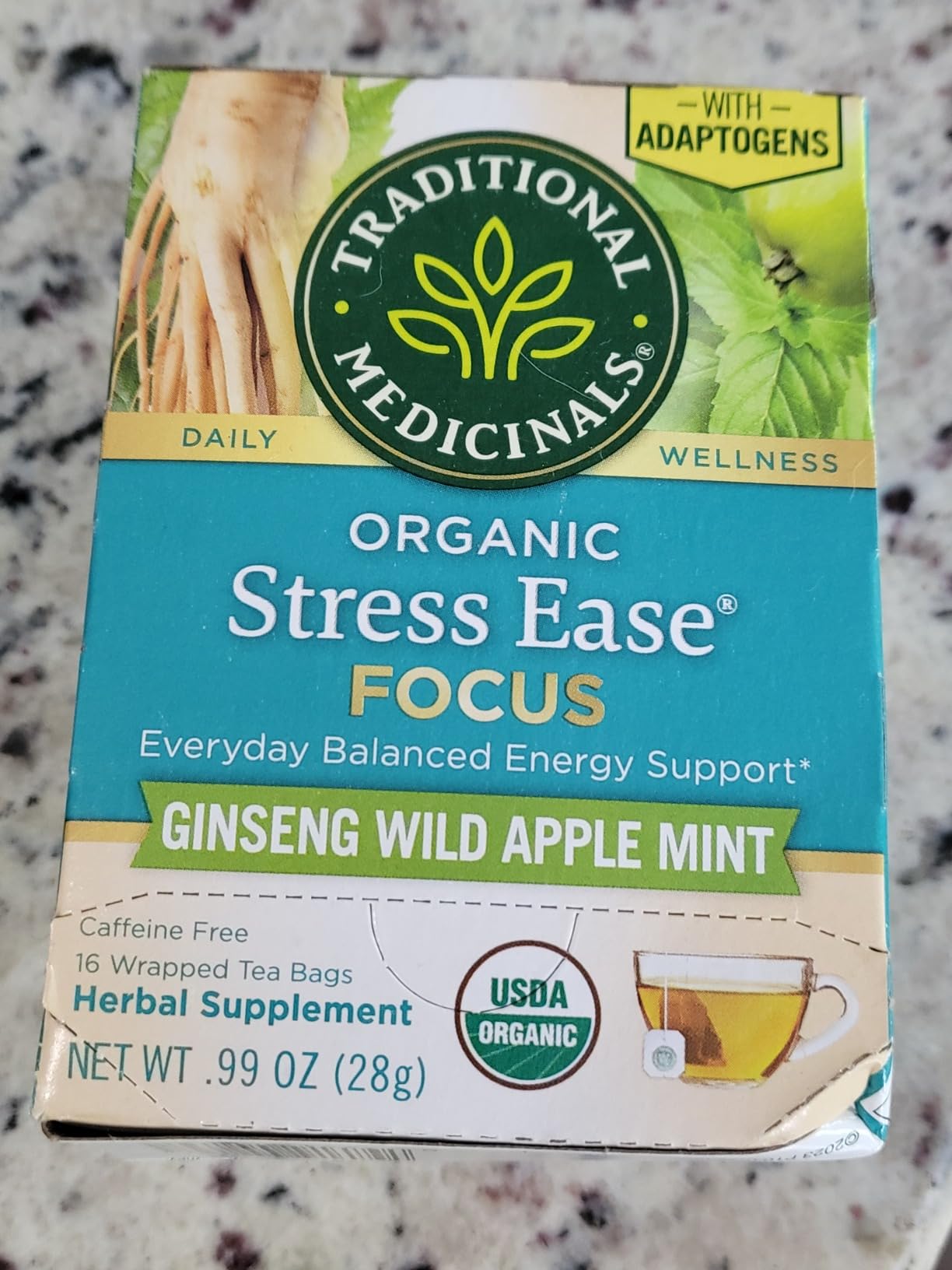 Traditional Medicinals Organic Stress Ease Focus, 16 Tea Bags | Ginseng Wild Apple Mint Tea, Balanced Energy Support & Adaptogens, Kosher, Non-GMO, Caffeine-Free, Compostable customer photo 2