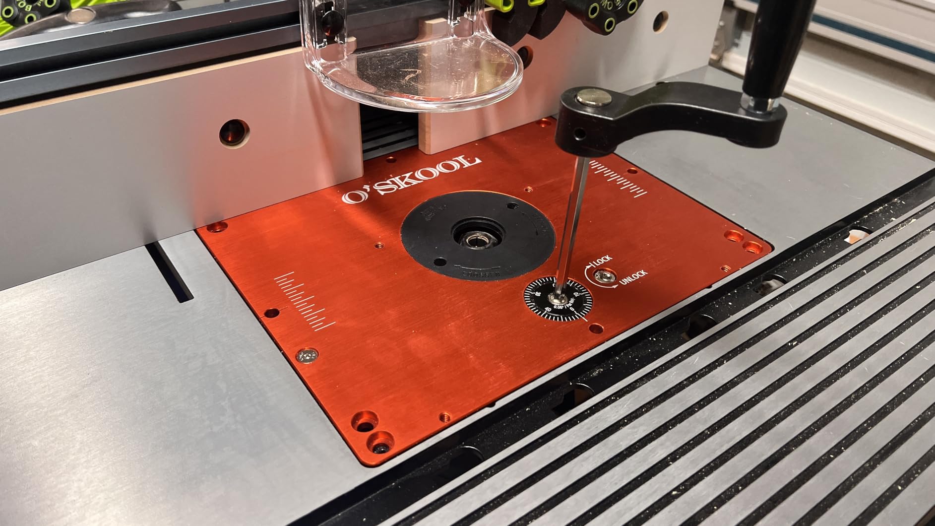 O'SKOOL Router Lift System Compatible With Bosch RA1181 and RA1171 | For 3-1/2 Inch Diameter Router Motors, 11-1/2 Inch by 9-1/8 Inch, 3/8 Inch Solid Aluminum Plate, RTS017 customer photo 2