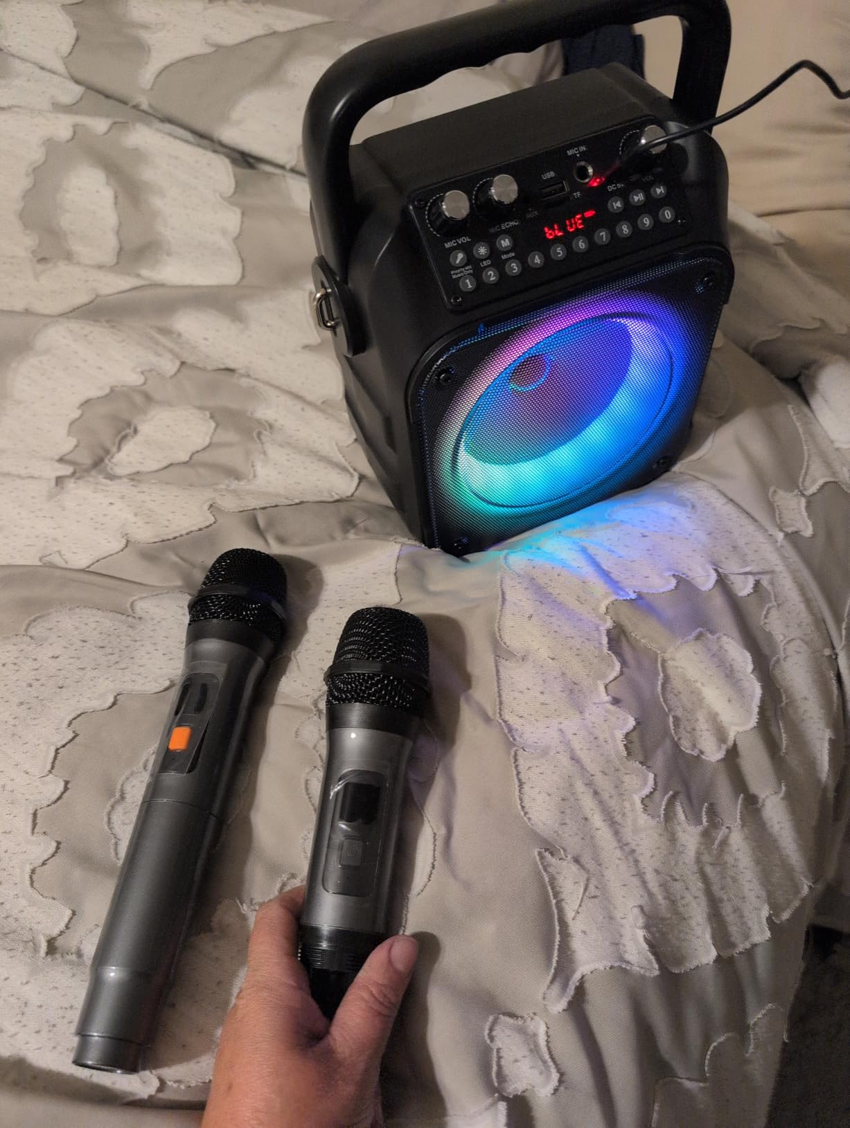 CYY Karaoke Machine, Portable Bluetooth Speaker with 2 Wireless Microphones | Immersive Sound, 5 Light Modes, PA System, TWS USB TF AUX FM, for Adults and Kids, Home Party, Outdoor, Home System Packages customer photo 2