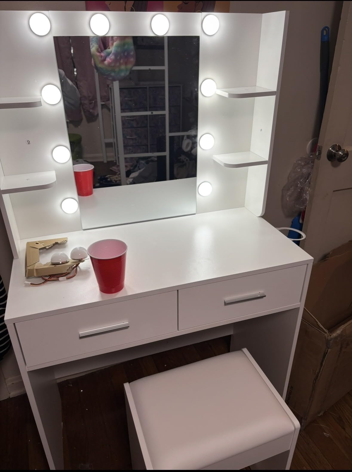 Furmax Makeup Vanity Desk with Mirror and Power Outlet, White | 3 Color Light Options Adjustable Brightness, 2 Drawers, 6 Storage Shelves, with Bench customer photo 1