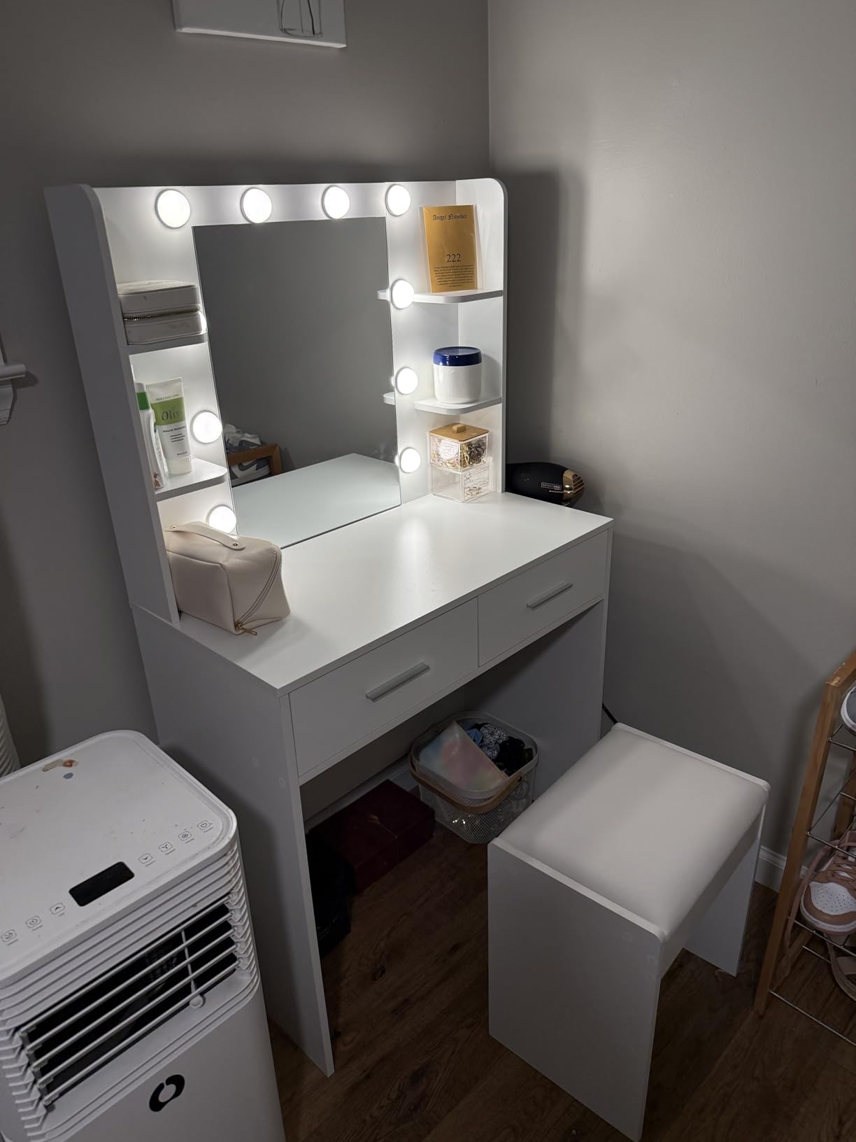 Furmax Makeup Vanity Desk with Mirror and Power Outlet, White | 3 Color Light Options Adjustable Brightness, 2 Drawers, 6 Storage Shelves, with Bench customer photo 2