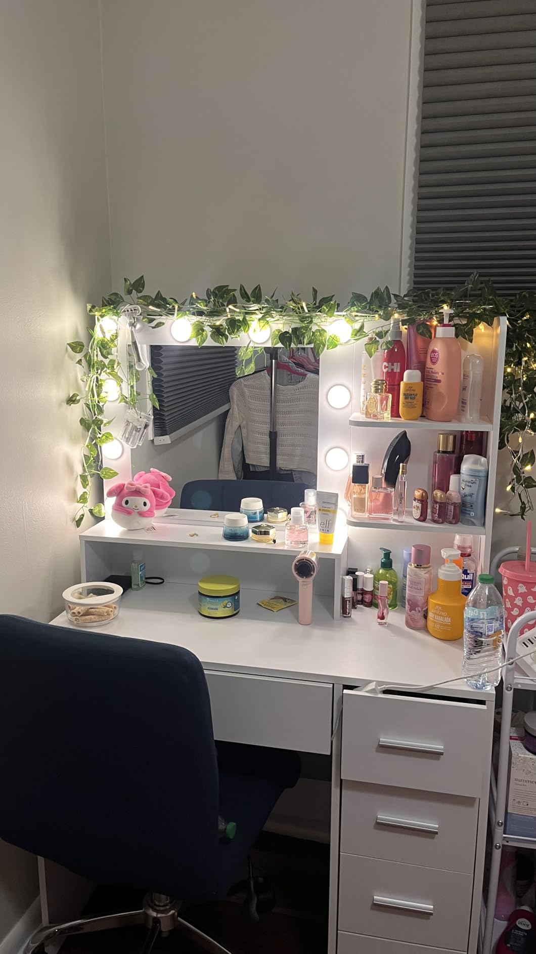 Quimoo Vanity Desk with Glass Top & Large Lights Mirror, 3 Adjustable Lighting Color, 44