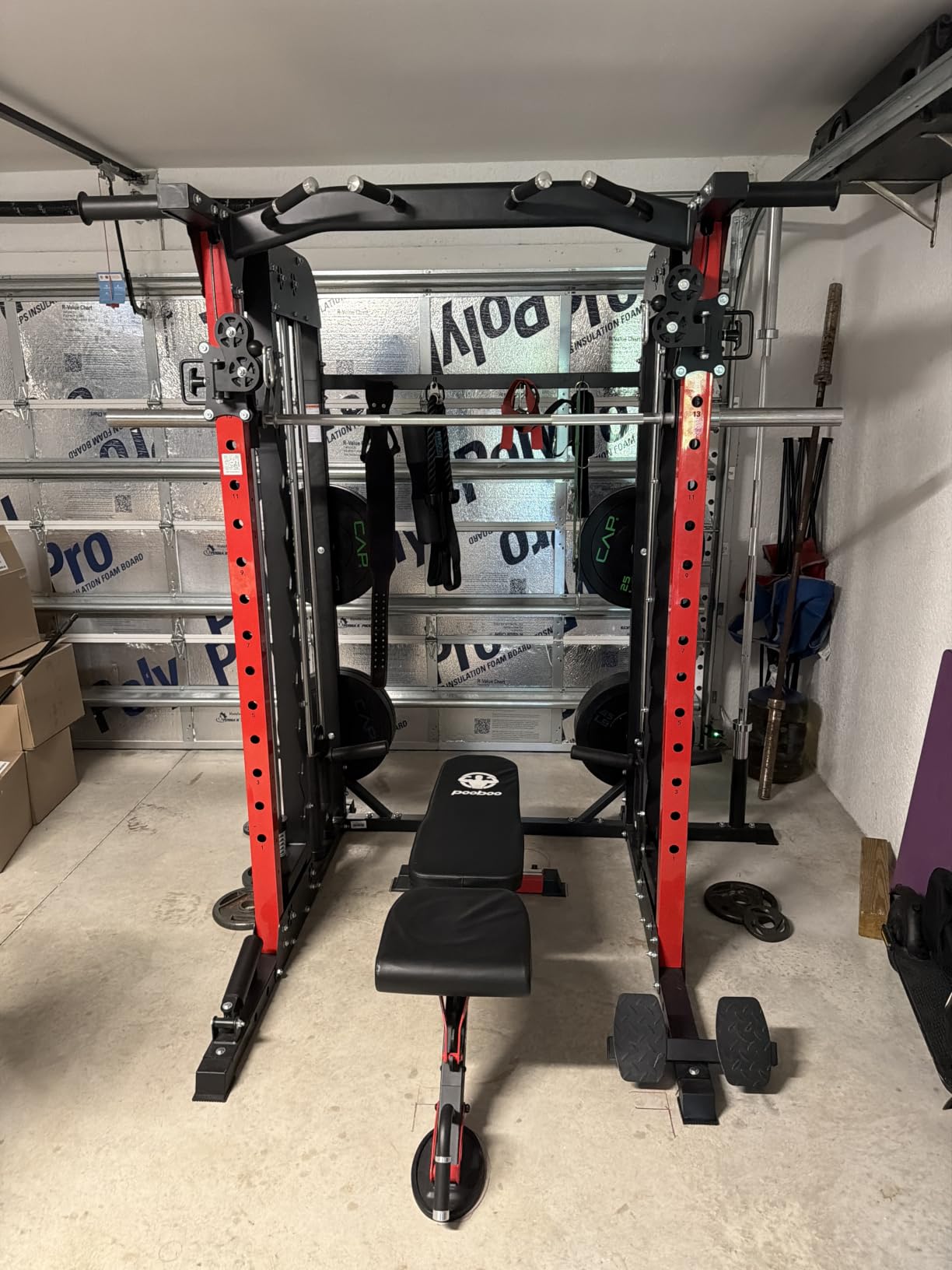 pooboo Power Cage Smith Machine with 2000LB Squat Rack Cable System | LAT Pulldown and Dual Pulley Cable Crossover with All-in-One Home Gym Machine, Adjustable Stations and Training Attachments customer photo 1