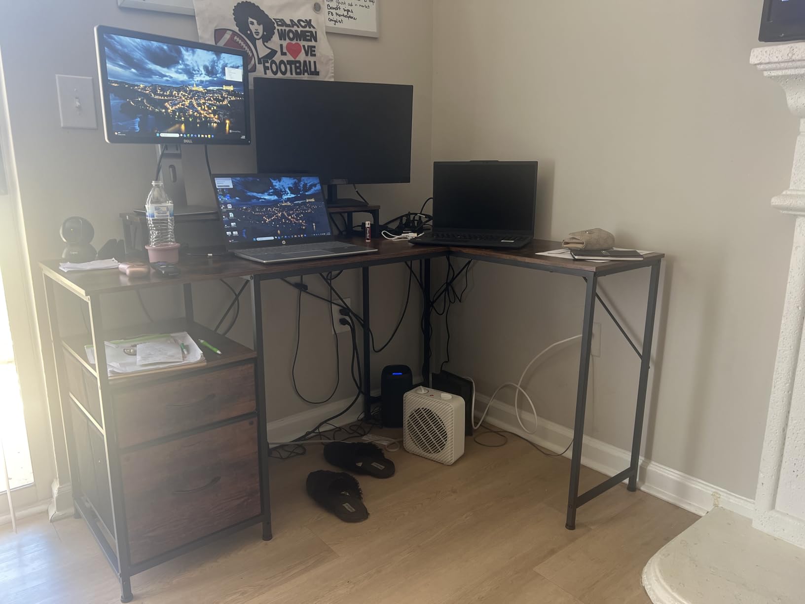 PRAISUN 63 Inch L Shaped Desk with Power Outlets and USB-C Port, Computer Corner Home Office Desk with File Fabric Drawers and Movable Monitor Stand, Larger Storage, Gaming, Writing, Rustic Brown customer photo 1