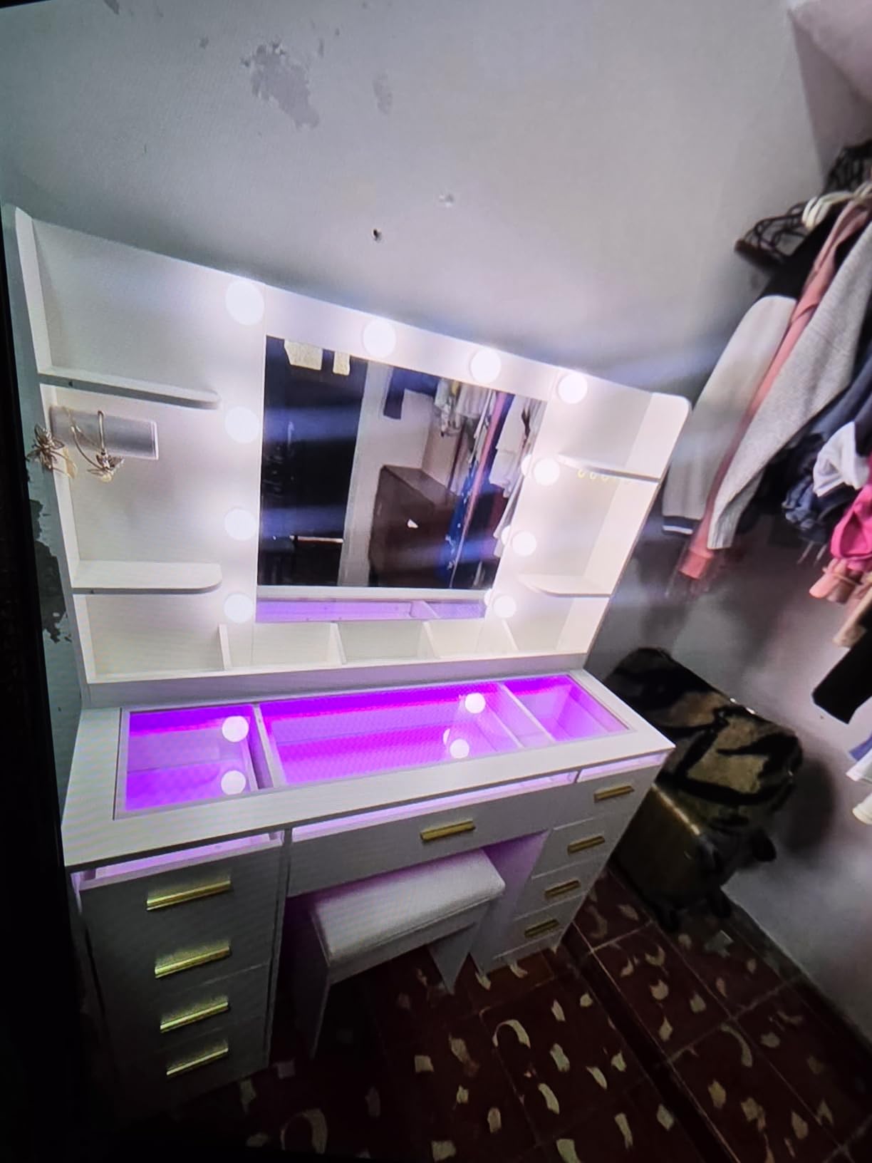 ANWBROAD Large Vanity Desk with Mirror and Lights & Transparent Glass Top | 3 Colors Makeup Vanity Table Set with 9 RGB Drawers, Power Outlet, White Vanity Stool and 4 Shelves for Bedroom Women UBDT94W customer photo 1