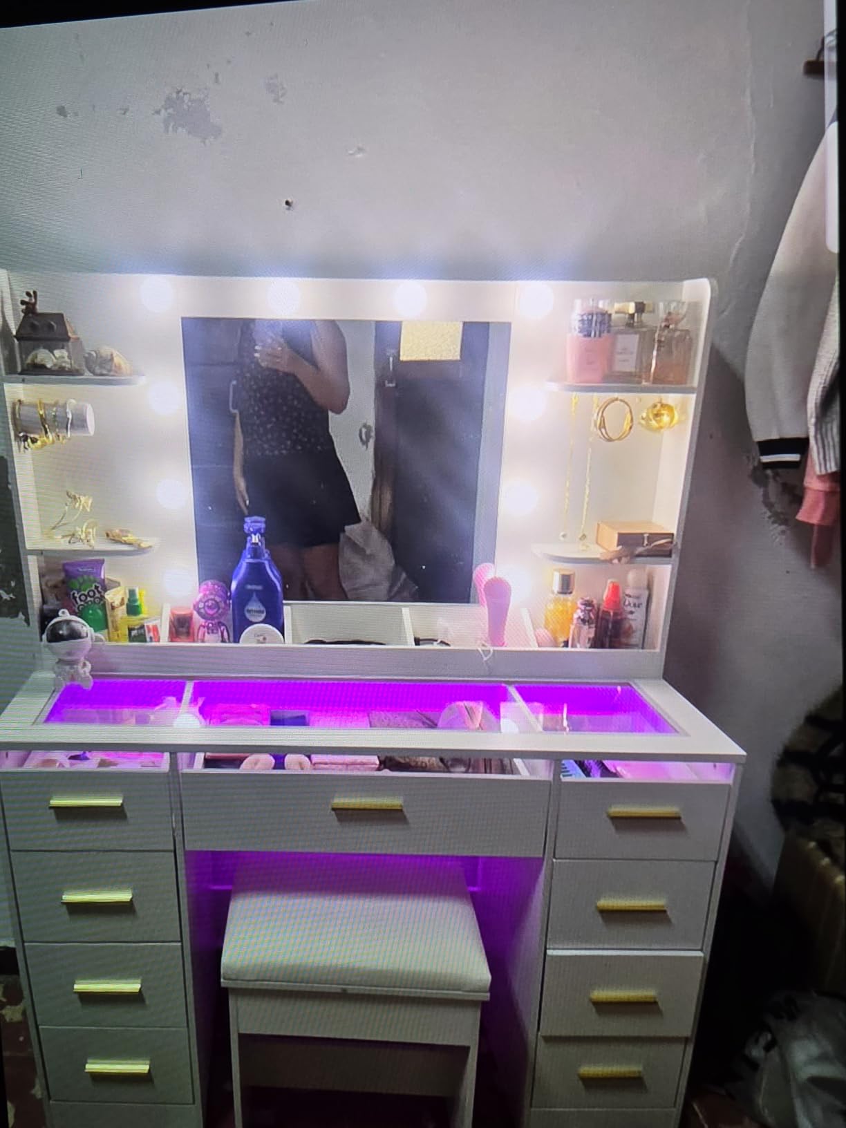 ANWBROAD Large Vanity Desk with Mirror and Lights & Transparent Glass Top | 3 Colors Makeup Vanity Table Set with 9 RGB Drawers, Power Outlet, White Vanity Stool and 4 Shelves for Bedroom Women UBDT94W customer photo 2
