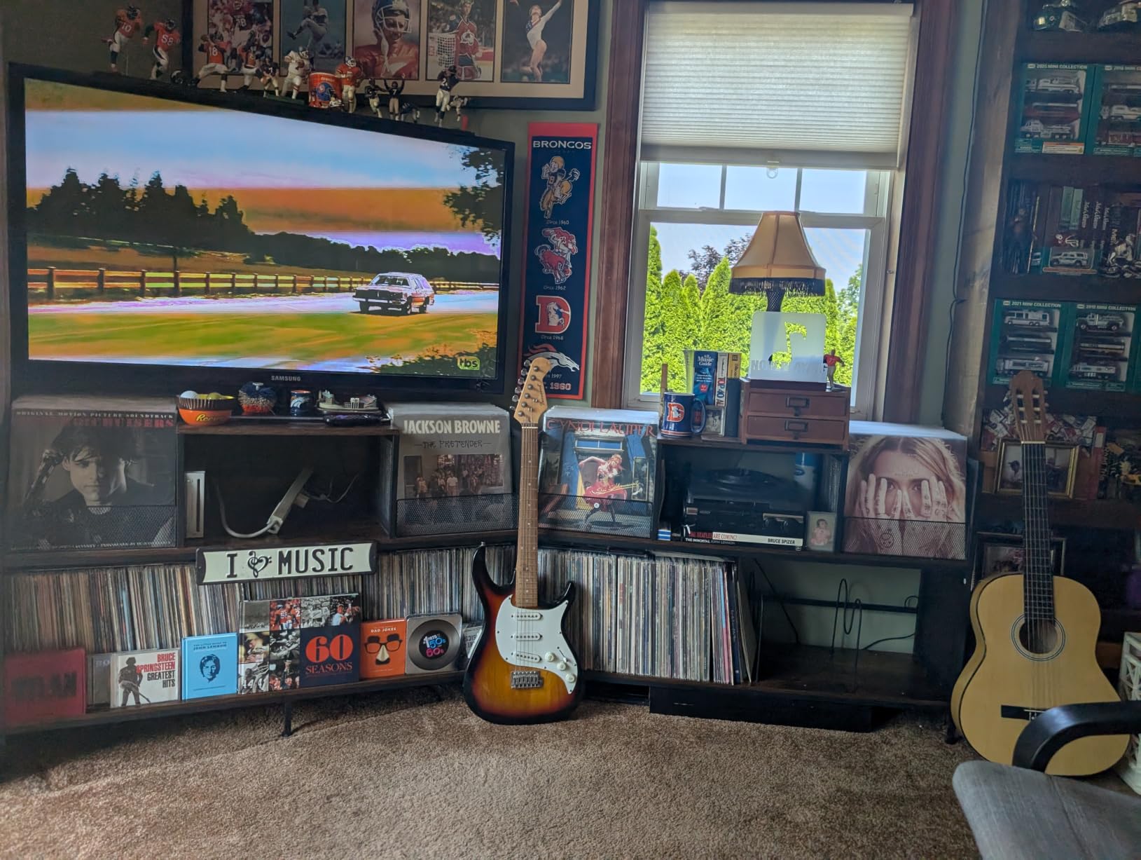 Record Player Stand with Dual Display Bins Storage for 300+ Vinyl Records | Dual display bins, open audio shelf and 3 lower compartments organize 300+ records in one complete vinyl listening station customer photo 1