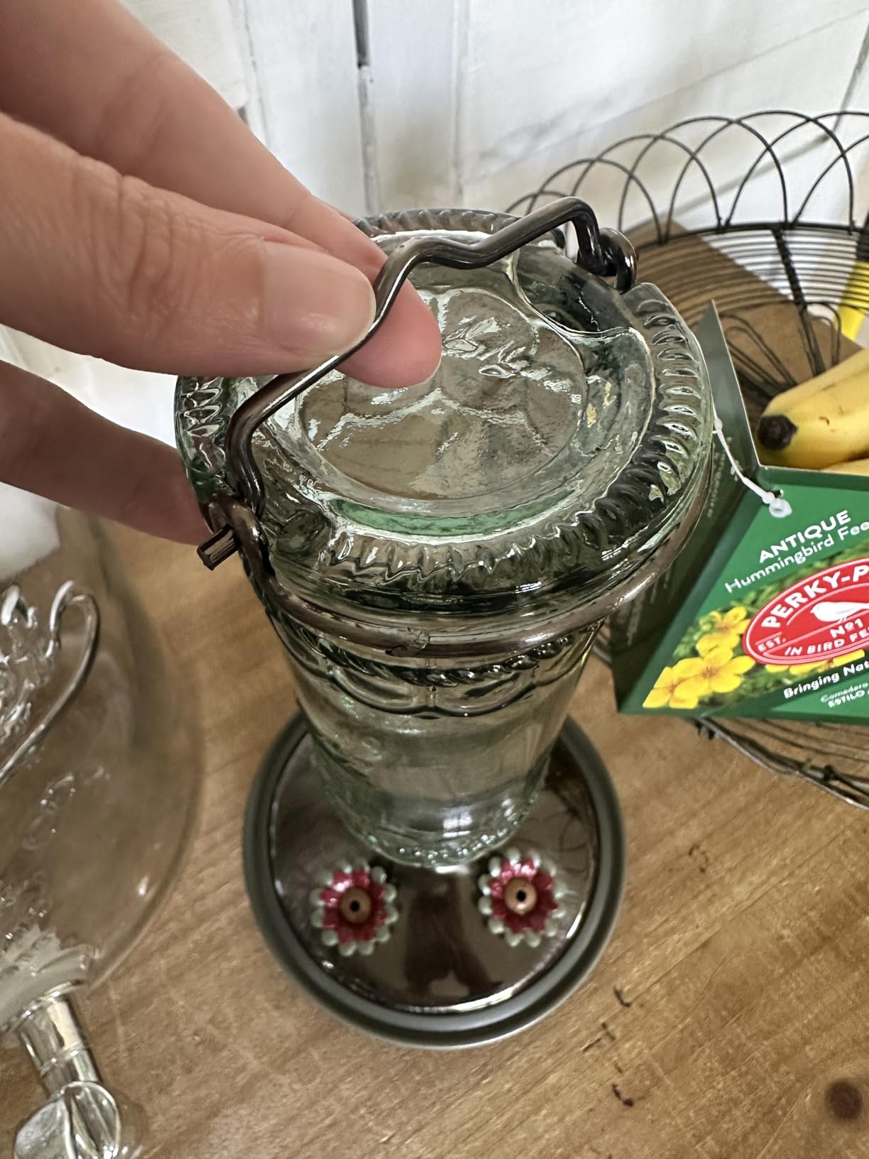 Perky-Pet Antique Glass Bottle Hummingbird Feeder, 10 oz Capacity, Green customer photo 1