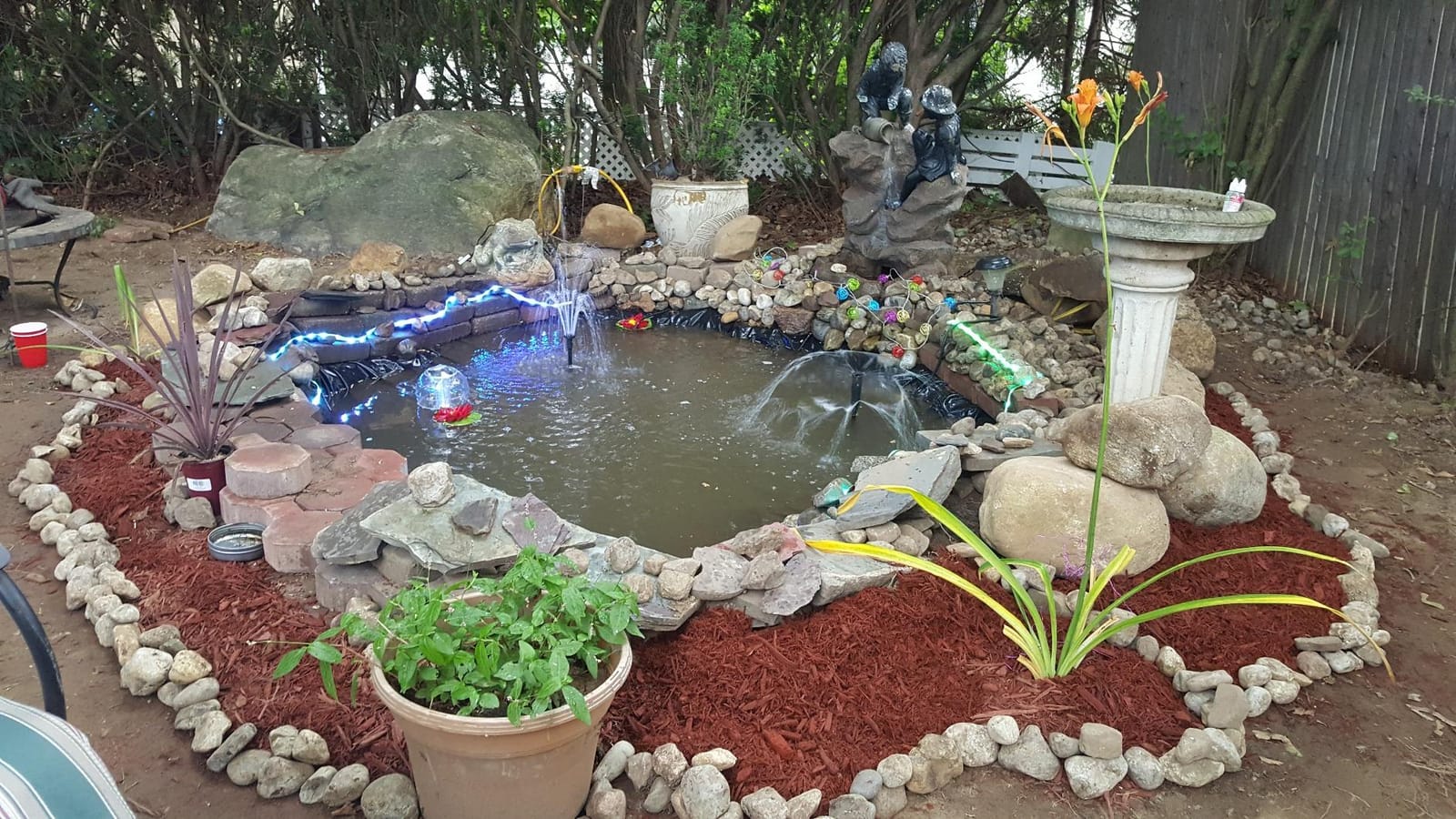 Koolatron Koolscapes 400 Gallon Starter Pond Kit with 340 GPH Pump, Water Bell and Double Daisy Fountain Nozzles, 10 x 10 Ft Flexible Liner, Floating Solar Light, Fish-Friendly Backyard Koi Pond Kit customer photo 1