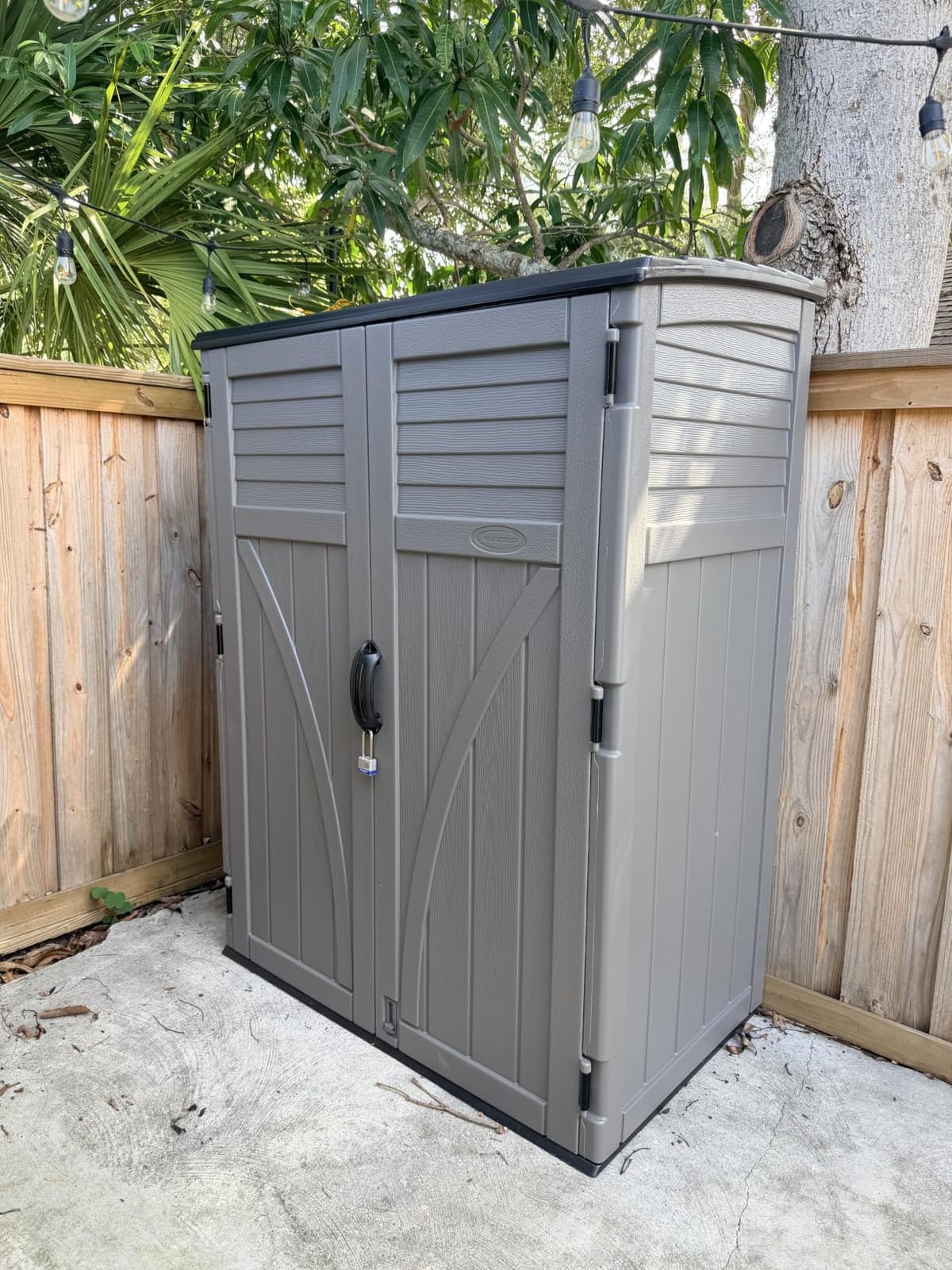 Suncast Outdoor Storage Shed, Water Resistant Resin Vertical Outdoor Storage Cabinet for Patio, Garden Tools, Cushions, & Equipment, Weatherproof Multi-Wall Design, 54 cu. ft., Made in USA customer photo 1