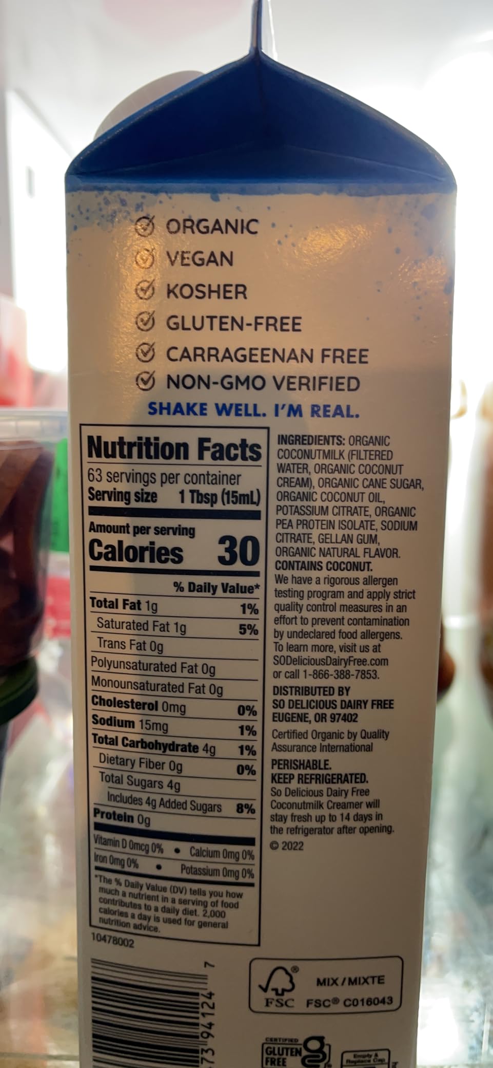So Delicious Dairy Free Coconut Milk Creamer, French Vanilla, Vegan, Organic, Non-GMO, Creamy Plant Based Coffee Creamer, 32 FL OZ Carton customer photo 2