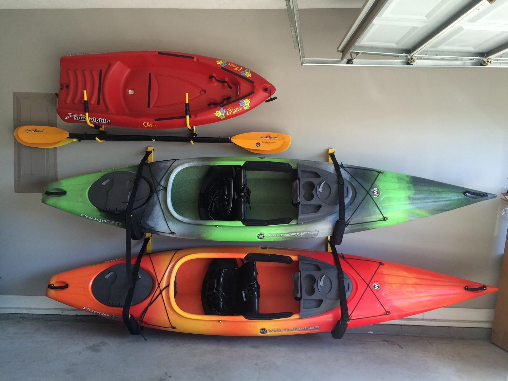 Suspenz Kayak Storage Rack, Big EZ Padded Wall Hangers/Hooks for Kayaks and Canoes, Indoor & Outdoor Wall Mounts, Powder-Coated Steel with Foam Pads & Safety Straps, Holds up to 150 lbs (12-2499) customer photo 2