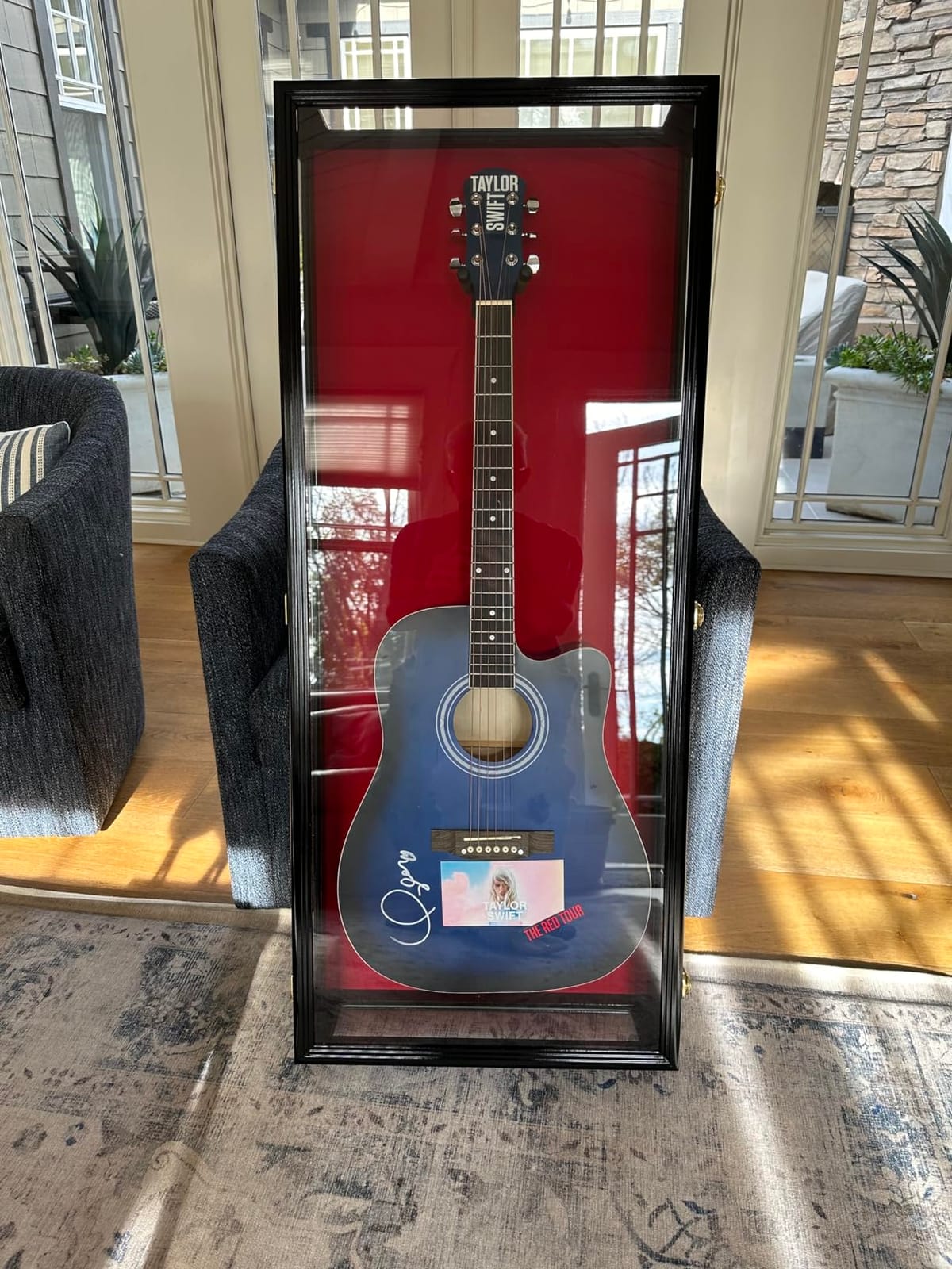 sfDisplay.com,LLC. Clear Viewing Guitar Display Case Fender Acoustic Electric Cabinet Rack Holder (Black Finish, Red Background) customer photo 1