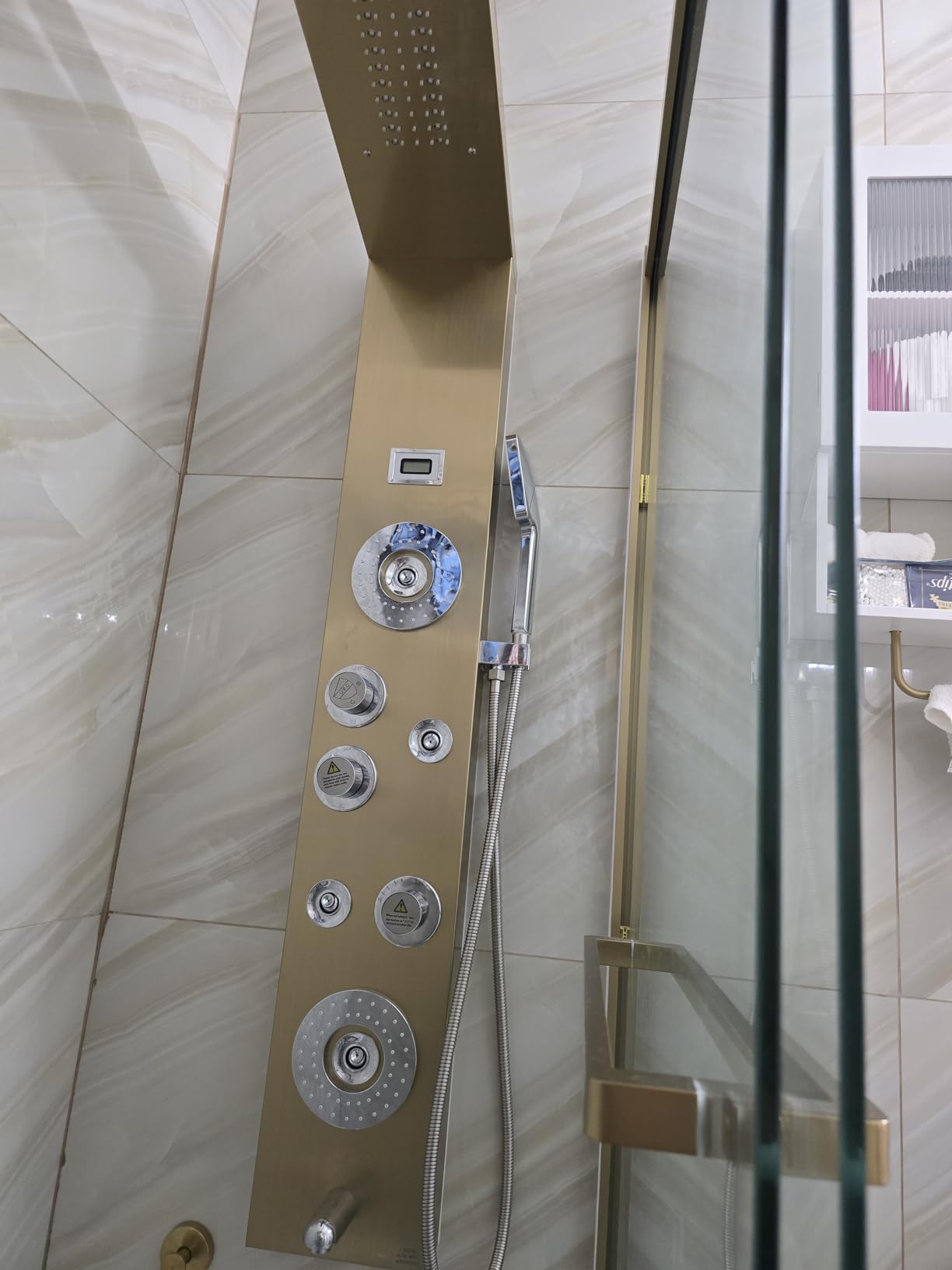 ELLO&ALLO Stainless Steel Shower Panel Tower System, LED Rainfall Waterfall Shower Head 6-Function Faucet Rain Massage System with Body Jets, Brushed Nickel customer photo 1