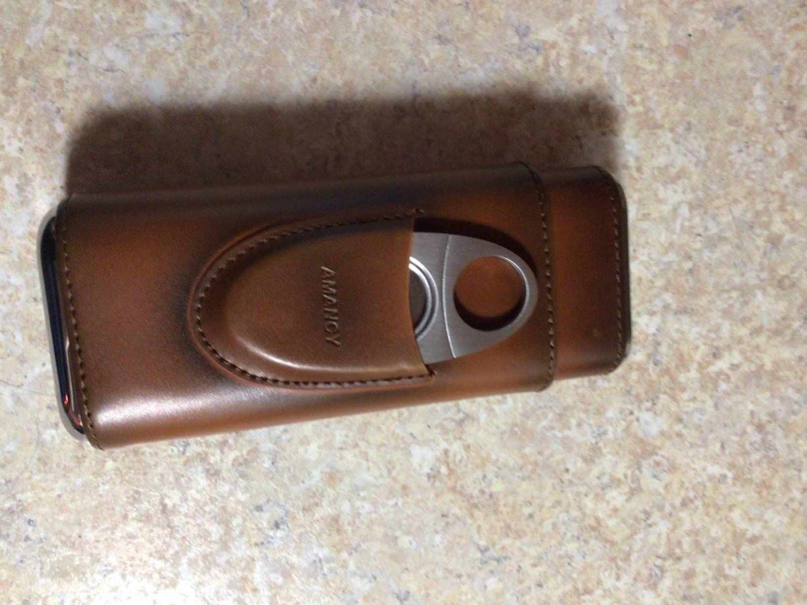 AMANCY Premium 3- Finger Brown Leather Cigar Case, Cedar Wood Lined Cigar Humidor with Silver Stainless Steel Cutter customer photo 2
