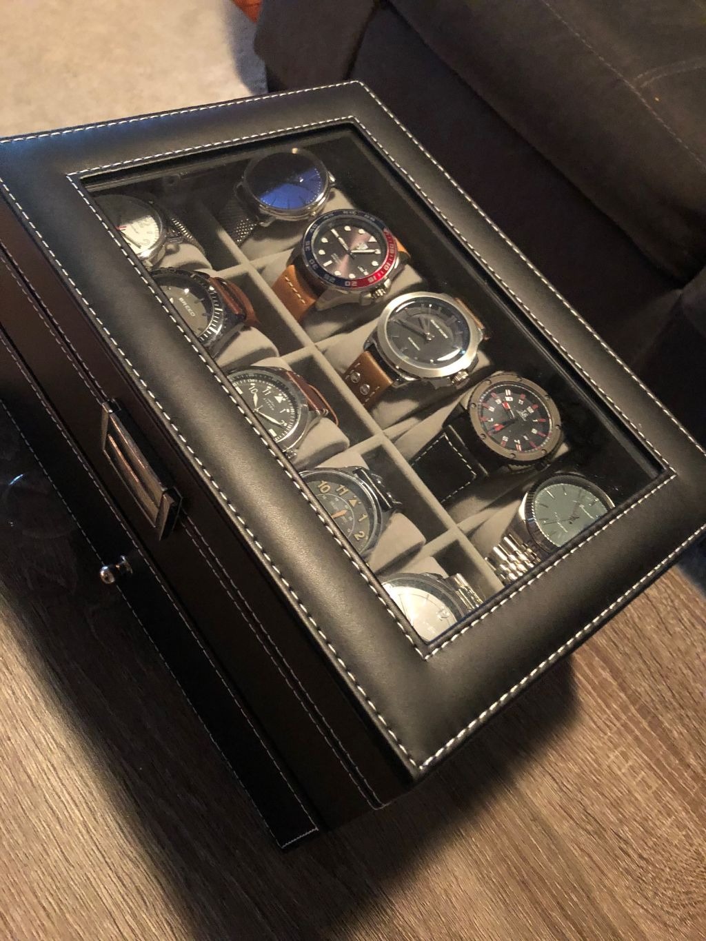 BEWISHOME Watch Case, 20-Slot Watch Box Organizer with Large Glass Lid | Watch Cases for Men with Removable Watch Pillows, Synthetic Leather, Watch Storage Box, Watch Display Case, Black SSH04B customer photo 1