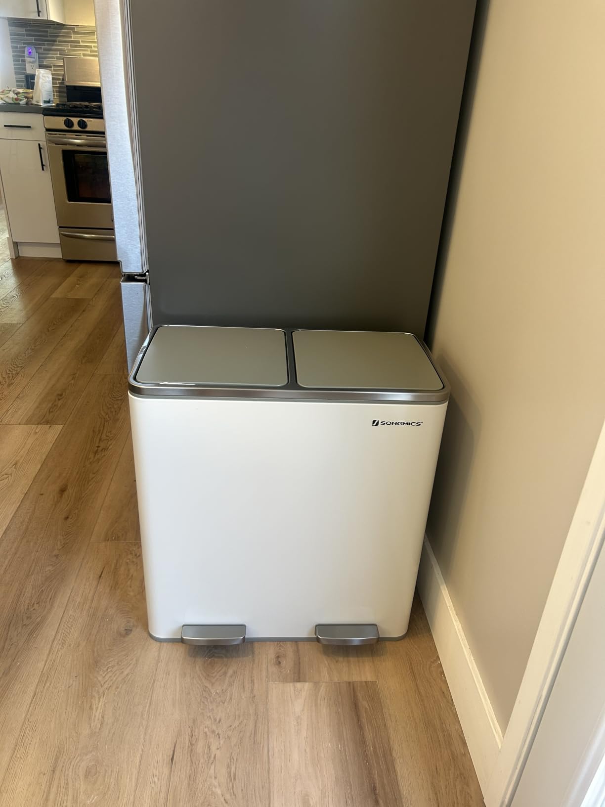 SONGMICS Trash Can, 2 x 8 Gallon (2 x 30 L), Silver and Black | With 15 Trash Bags, 2 Compartments, Plastic Inner Buckets and Hinged Lids, Airtight, ULTB60NL customer photo 1