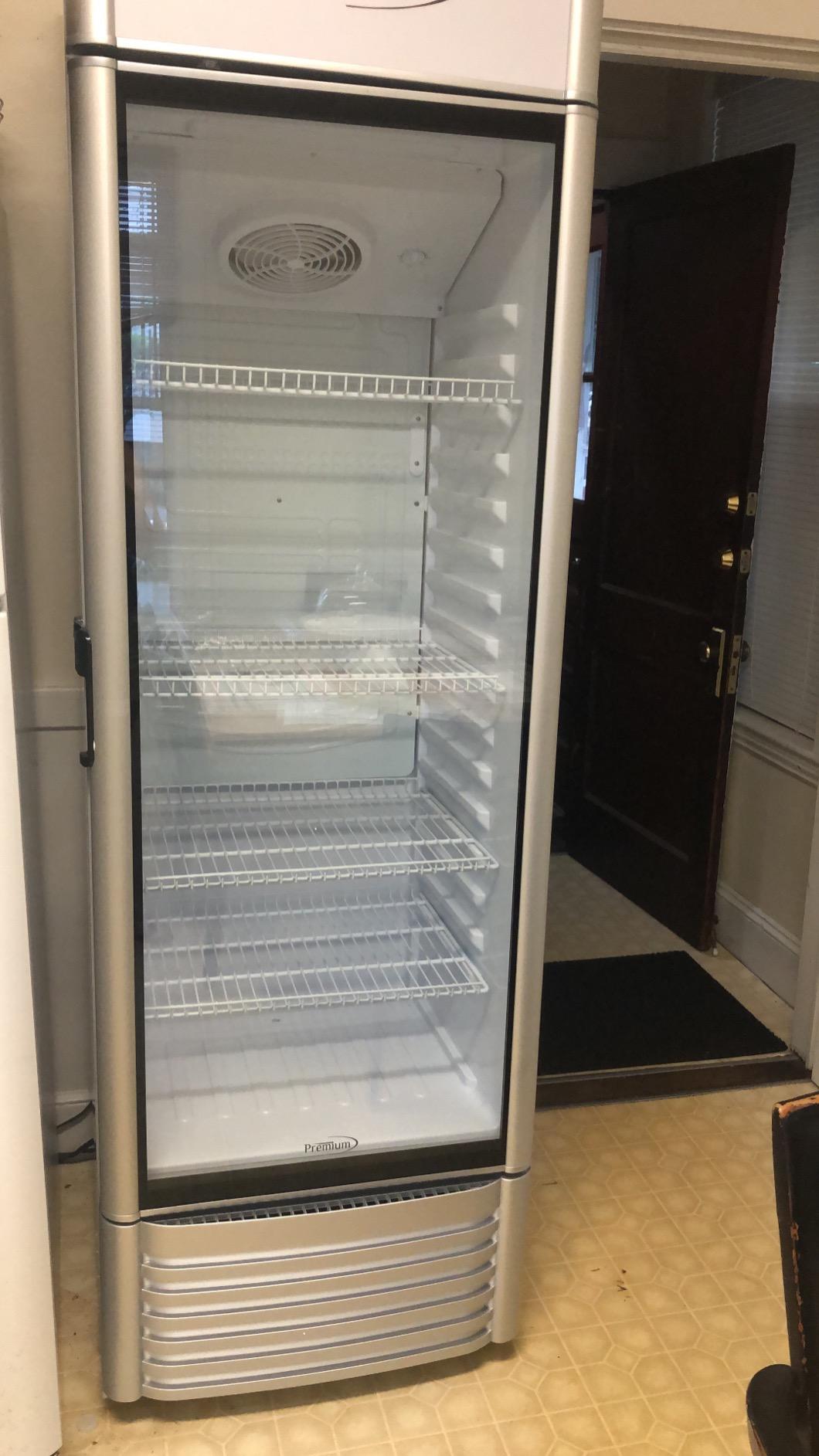 PremiumLevella PRF125DX Glass Door Display Refrigerator 12.5 cu ft Commercial Beverage Cooler Merchandiser With Customizable Lightbox - Silver customer photo 1