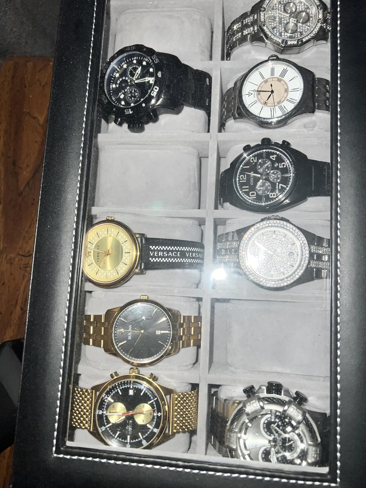 GUKA 12-Slot Watch Box Organizer with Glass Lid, 2-Tier Leather Case | 12 watch slots and a second tier store watches, rings, jewelry, sunglasses and accessories; a practical gift for men customer photo 1