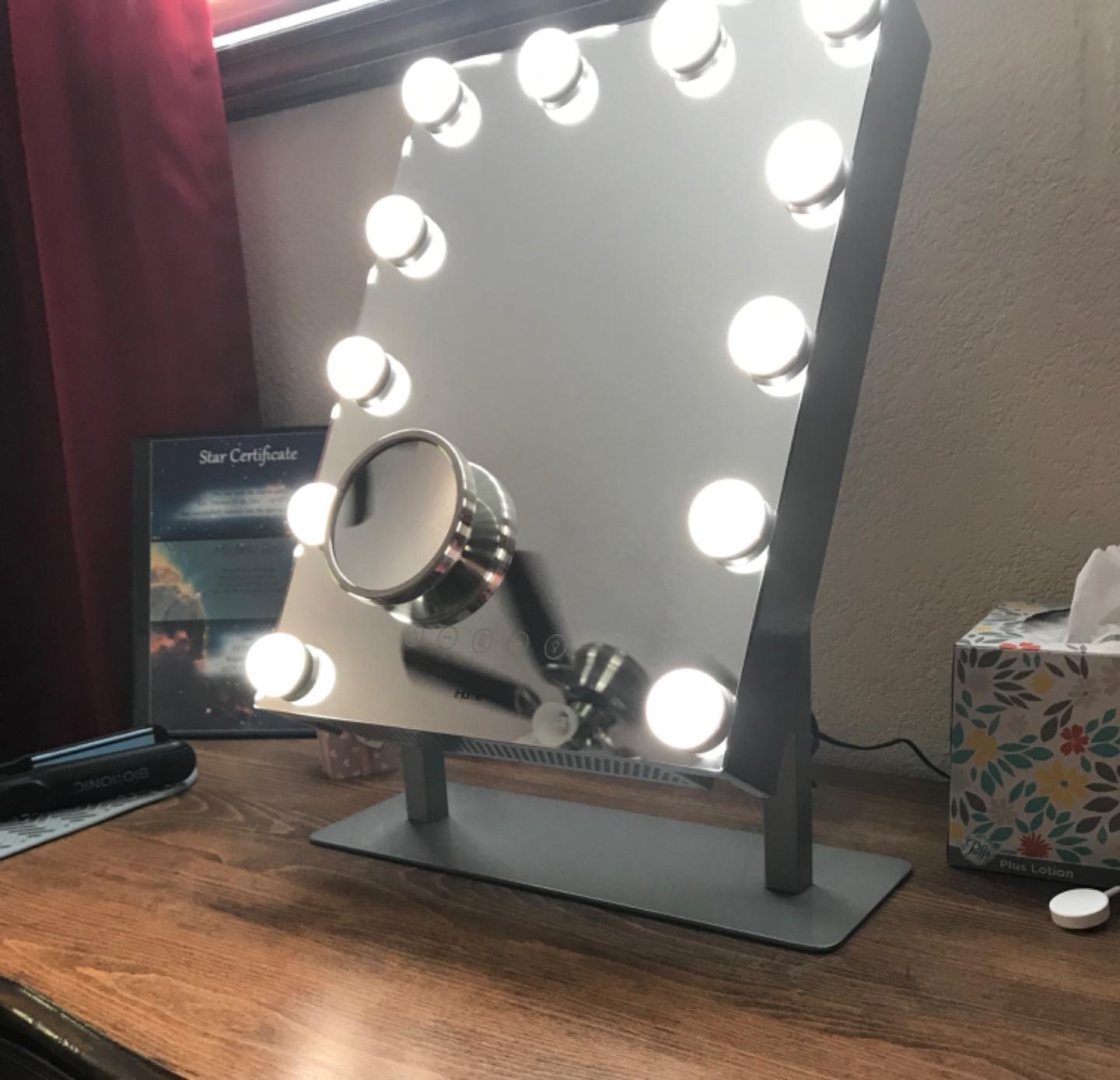 iHome Hollywood Vanity Mirror PRO with Built in Bluetooth, Voice Control, USB Input and Speaker – 16” x 12” LED Makeup Mirror with Adjustable Lights and Detachable 10x Detail Mirror customer photo 1