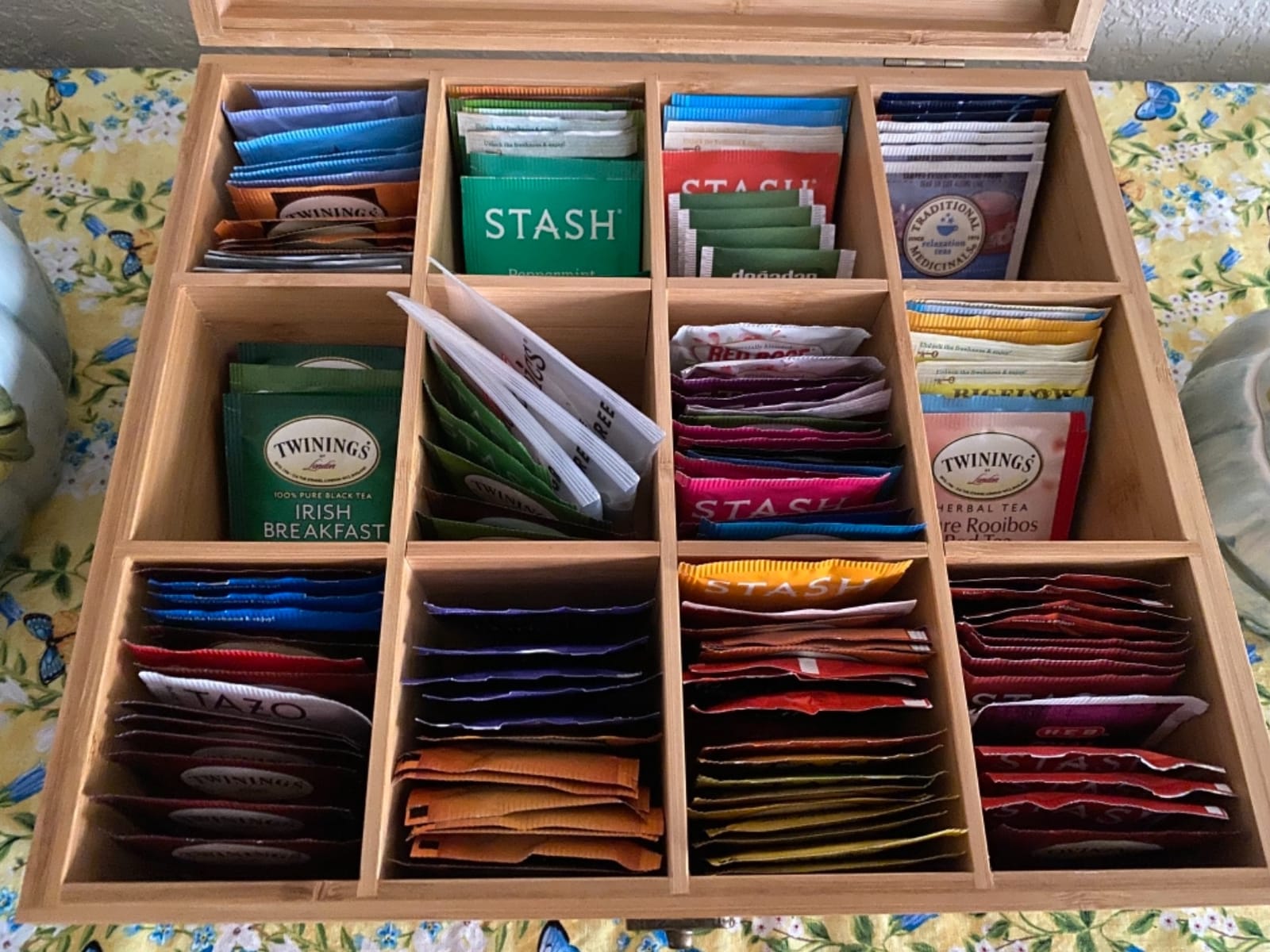 Natural Bamboo Tea Storage Organizer, Clear Acrylic Top, 12 Compartments customer photo 1