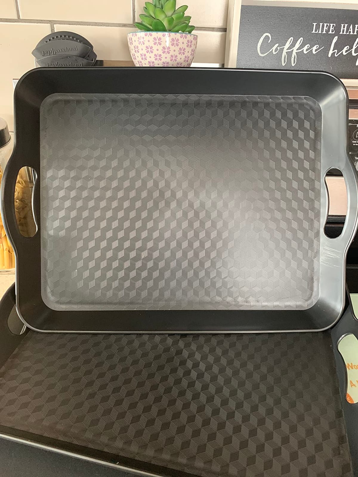 Plastic Tray with Handles, 2 Pack Multi-Purpose Rectangular Non Slip Restaurant Serving Trays Set for Parties, Coffee Table, Kitchen (12.2x16 inch) customer photo 1