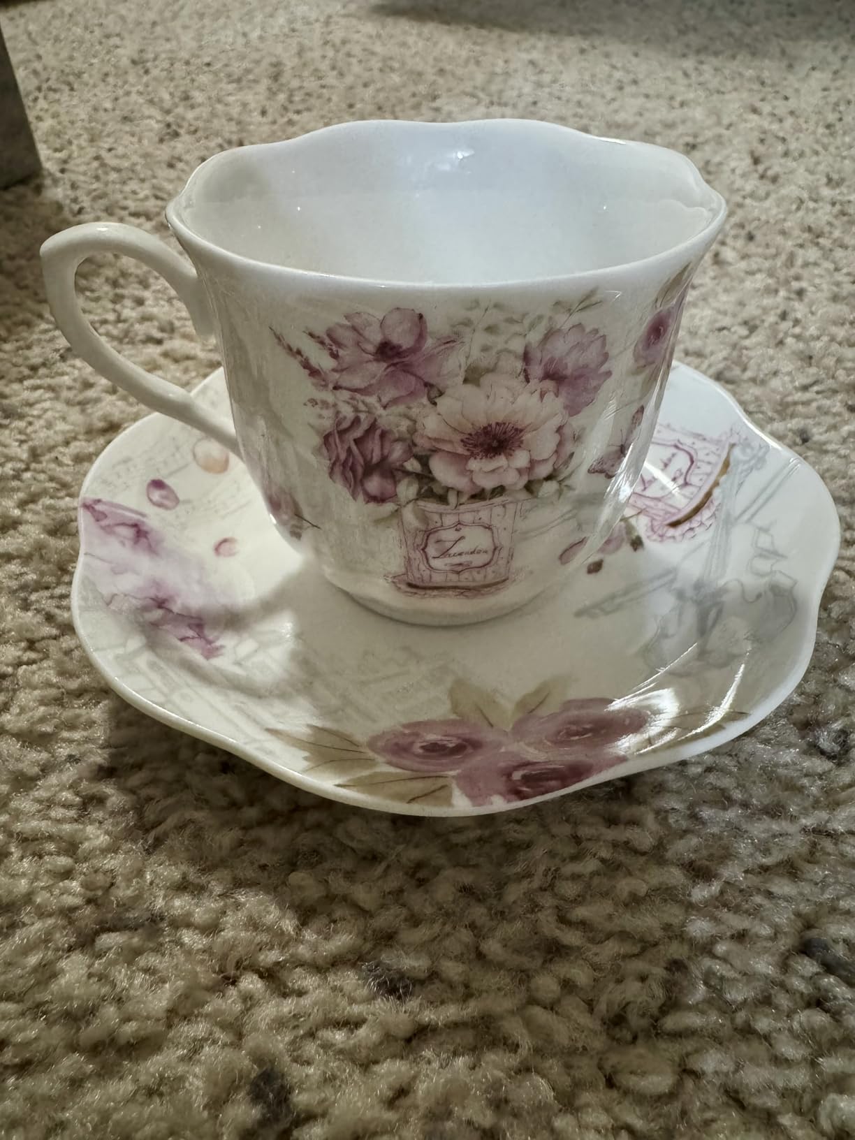 GuangYang 7 oz Porcelain Tea Cups and Saucers set of 6,Purple Fancy Floral Pattern (Perfect for Cappuccino, Flat white Coffee, Americano, Hot Tea, or Desserts) customer photo 1