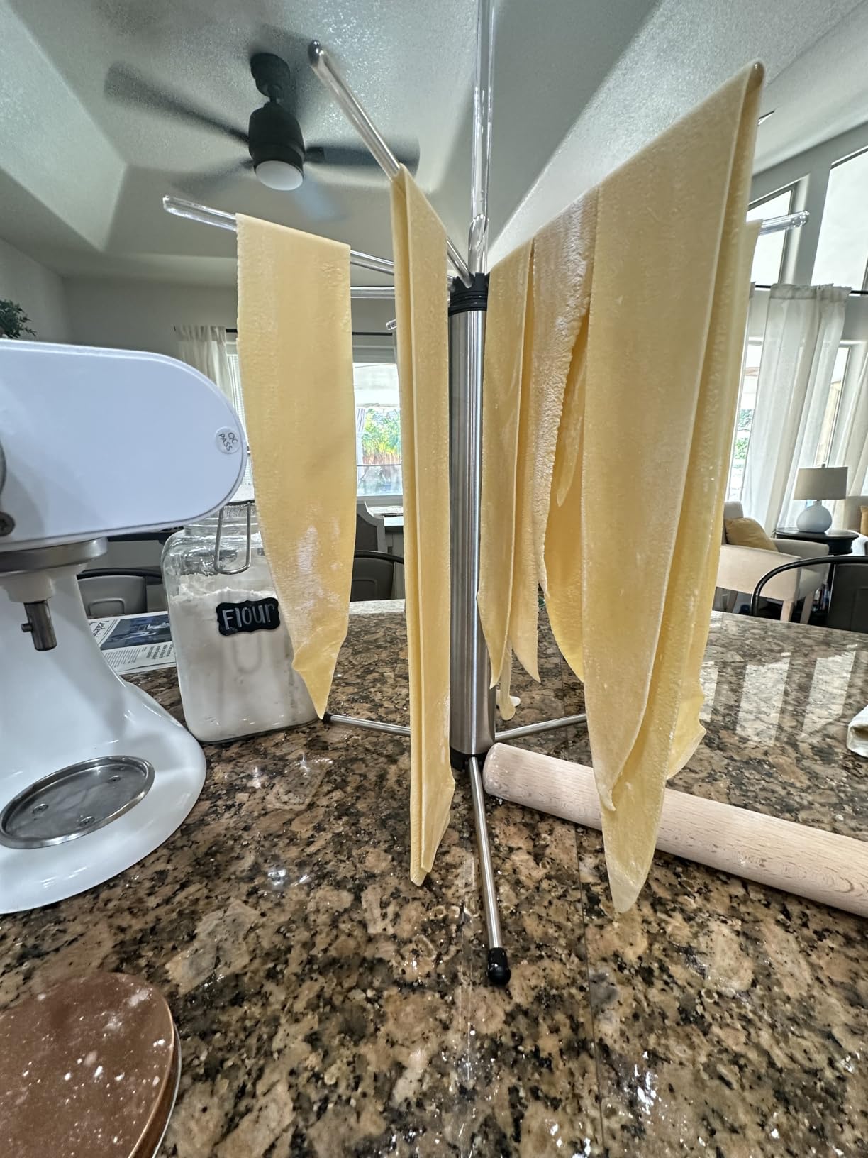 KITCHENDAO Collapsible Pasta Drying Rack, Foldable for Easy Storage, Rotary Arms, Detachable for Easy Cleaning, Stainless Steel Homemade Hanging for up to 6 lbs, Pasta Noodle Spaghetti Stand Hanger customer photo 1