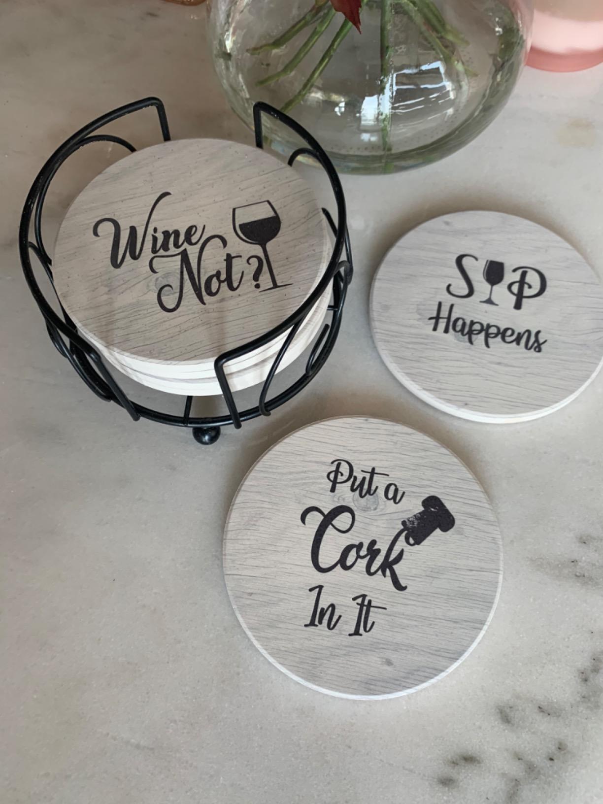 Coasters for Drinks Absorbents with Holder - 6 Pcs Gift Set with 6 Funny Sayings for Wine Lovers - Ceramic Stone with Corked Back, Unique Present for Housewarming, Living Room Decor customer photo 2